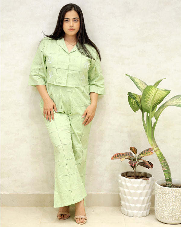 Chinese Collar Schiffli Crop Top with Plazzo Pants — view 2