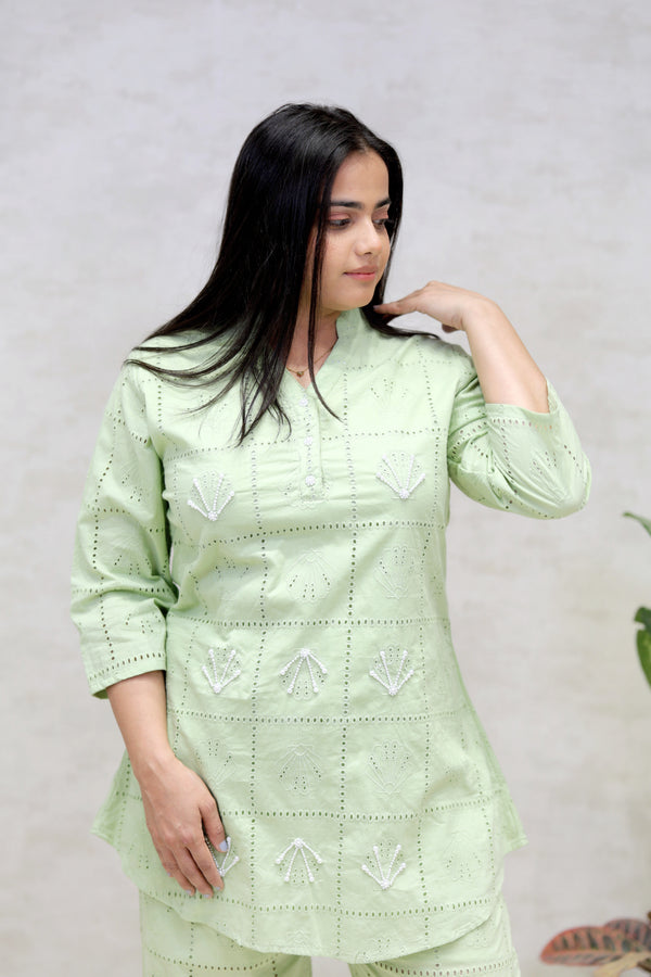 Chinese Collar Schiffli Kurta with Plazzo Pants — view 2