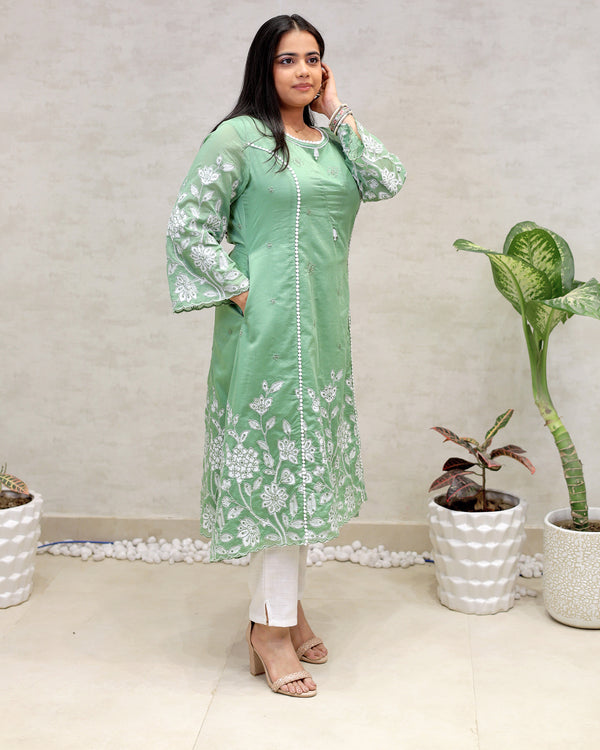 A-Line Applique Mul Cotton Kurta with Pants — view 2