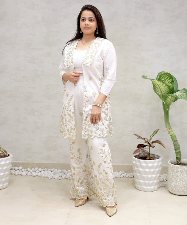 Embroidered Long Shrug Three Piece Set — view 2