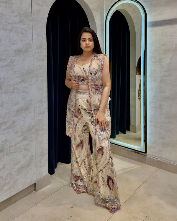 Floral Sequenced Net Jacket with Bustier & Flared Pants