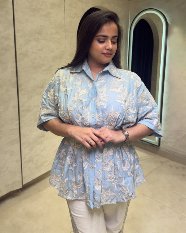 Mul Chanderi Pleated Collar Top with Pants — view 2