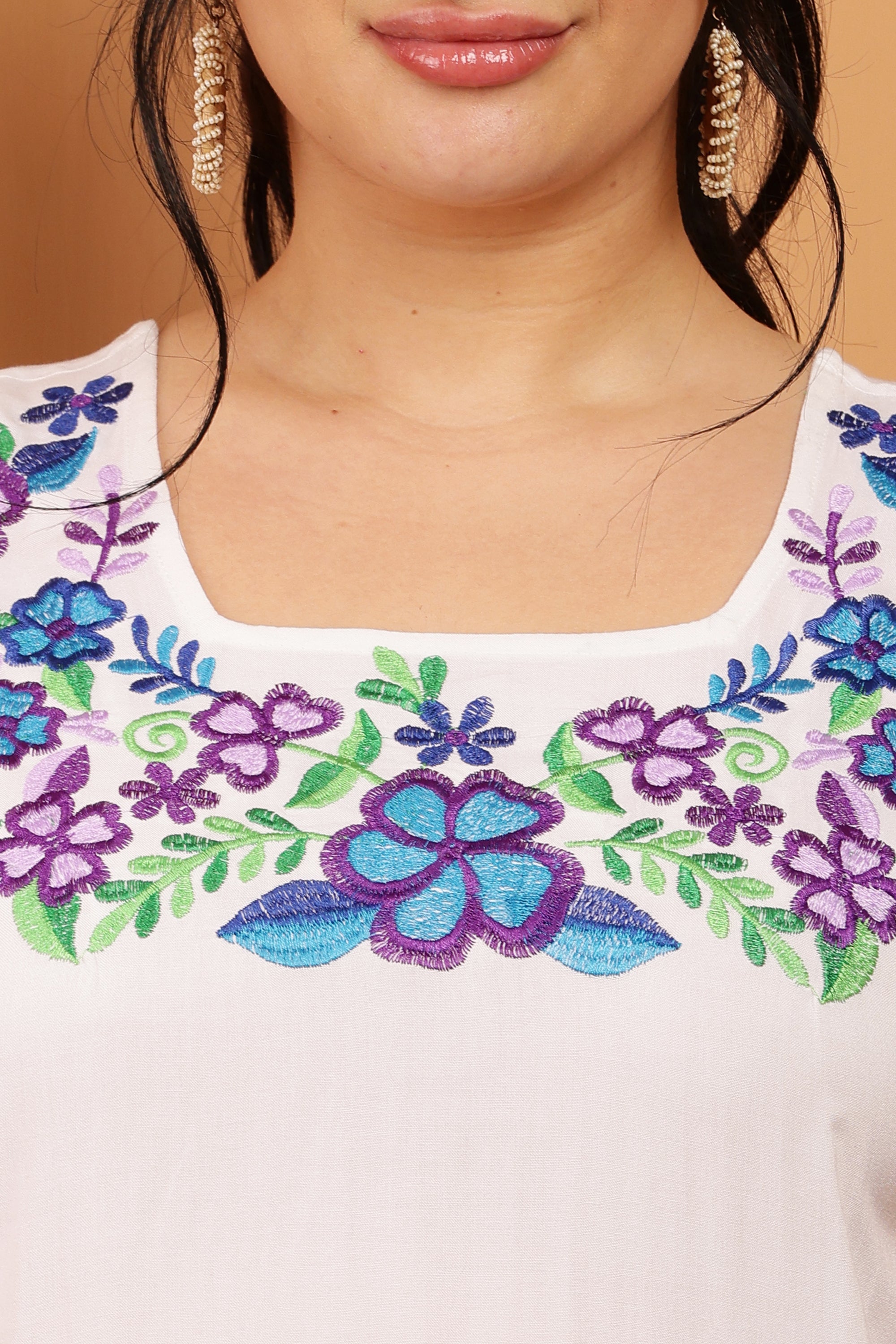 Half Sleeves Floral Embroidered Short Kurta Top