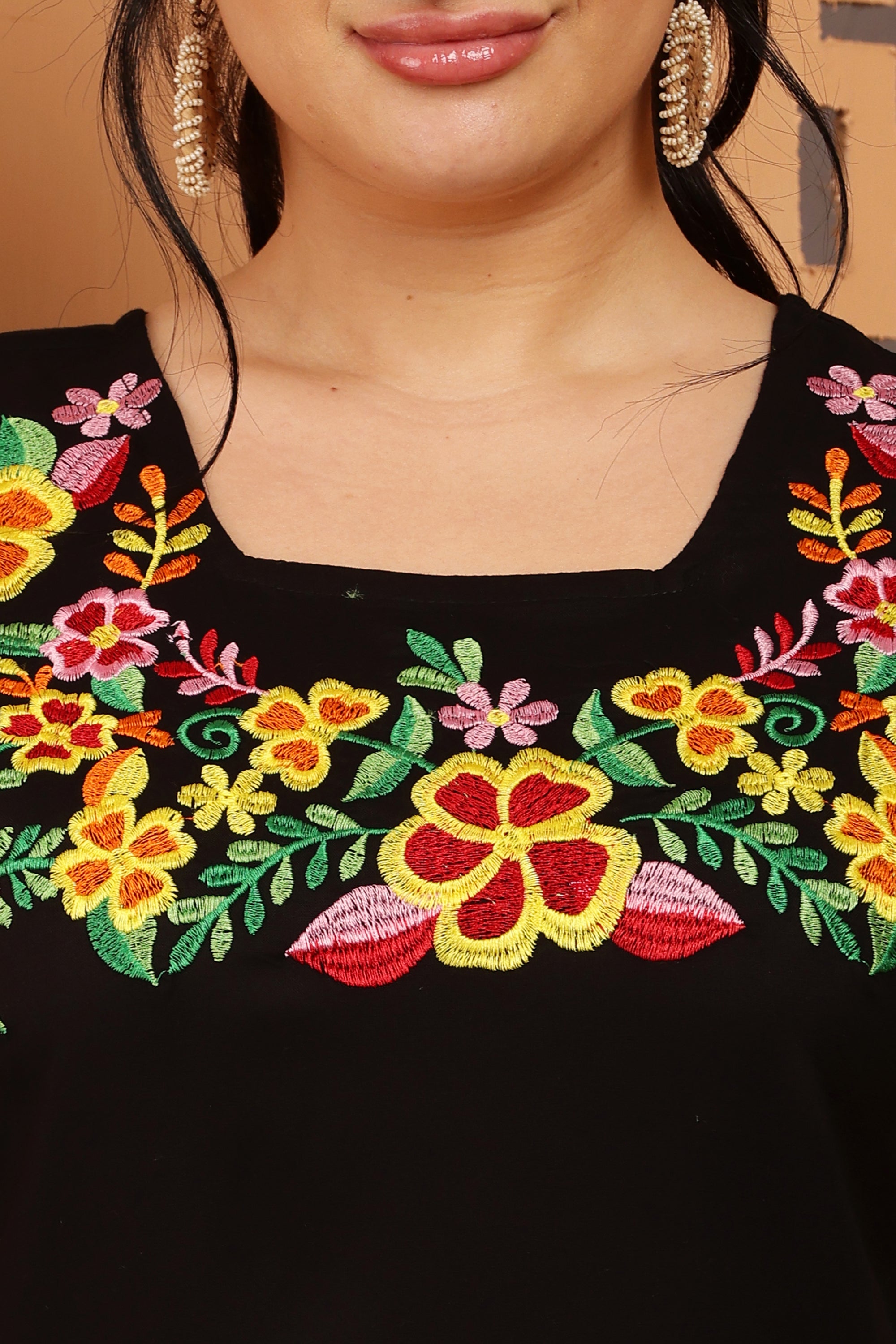 Half Sleeves Floral Embroidered Short Kurta Top