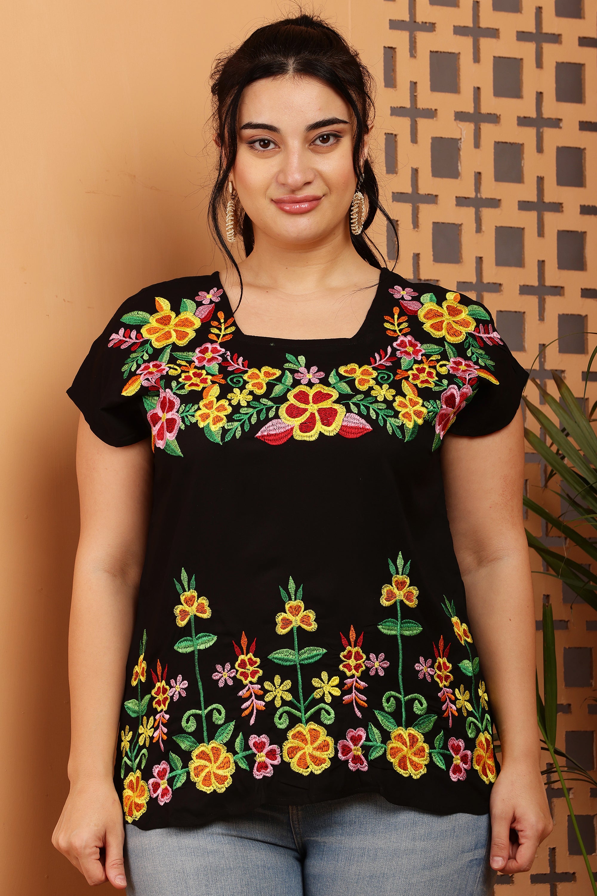 Half Sleeves Floral Embroidered Short Kurta Top