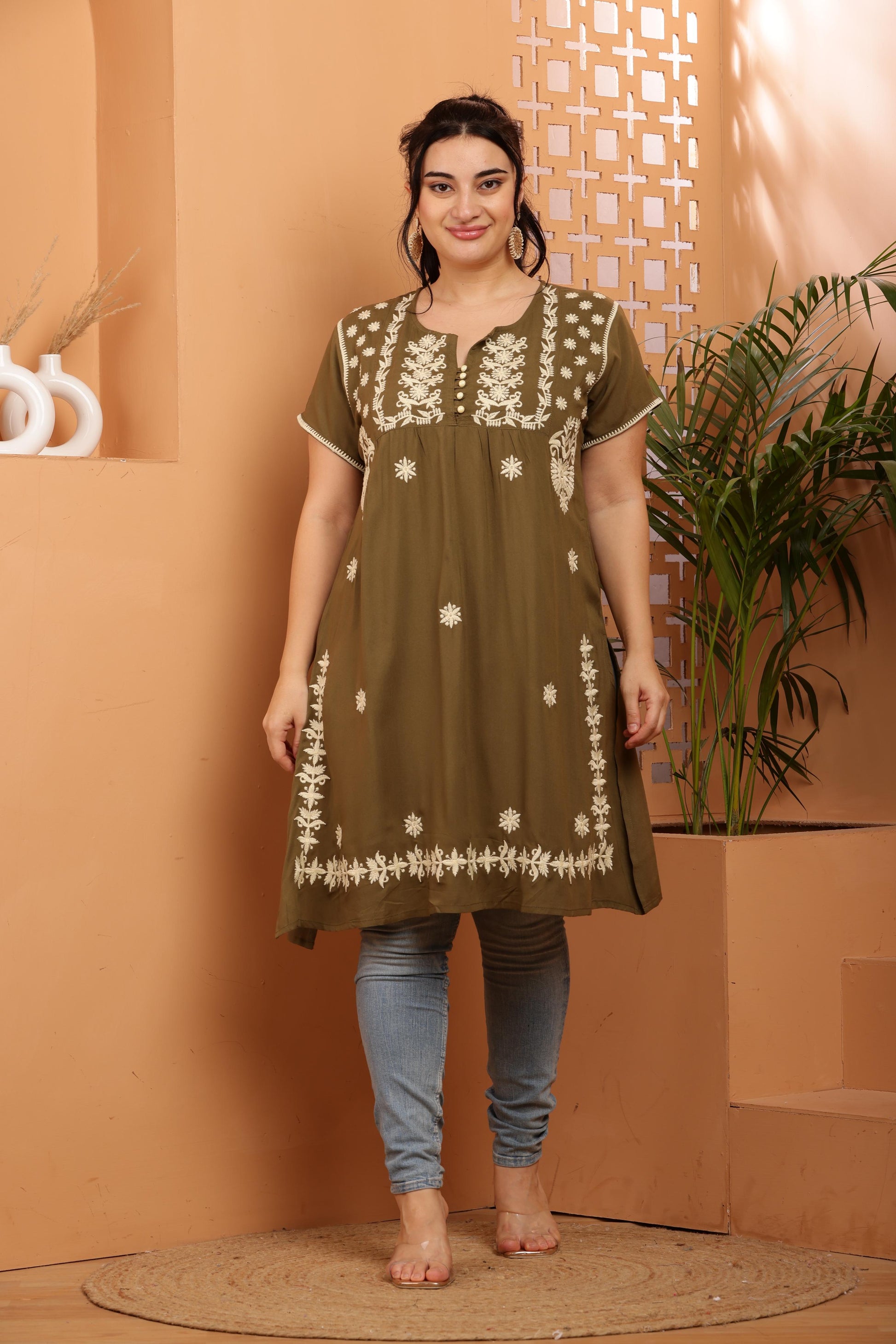 Olive - Beige Floral Chikankari Embroidery Kurta