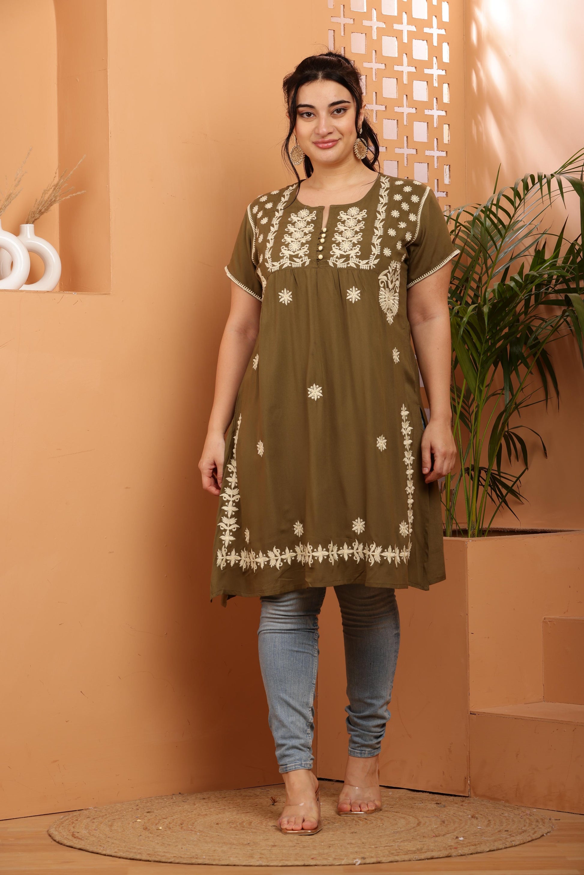 Olive - Beige Floral Chikankari Embroidery Kurta