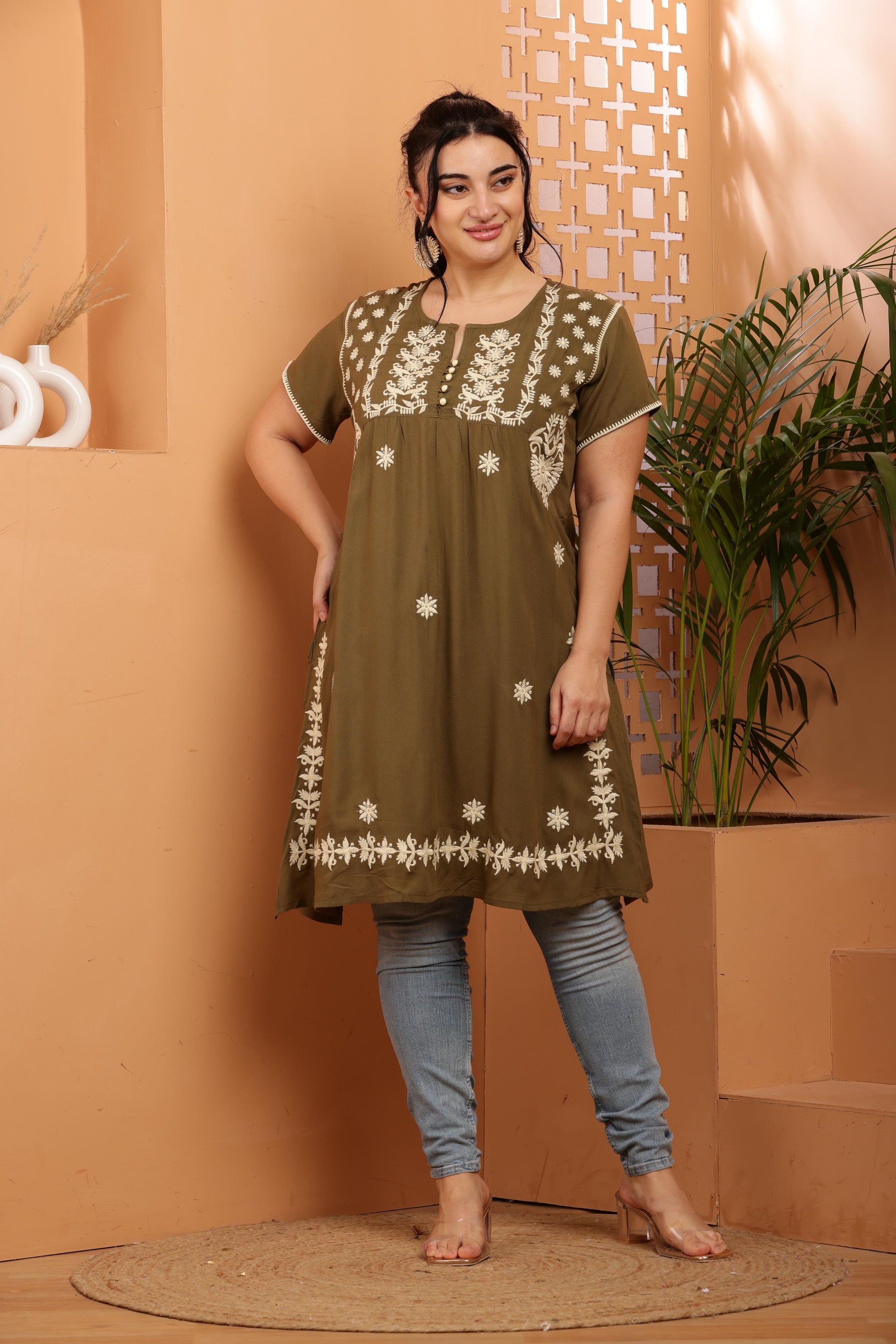 Olive - Beige Floral Chikankari Embroidery Kurta