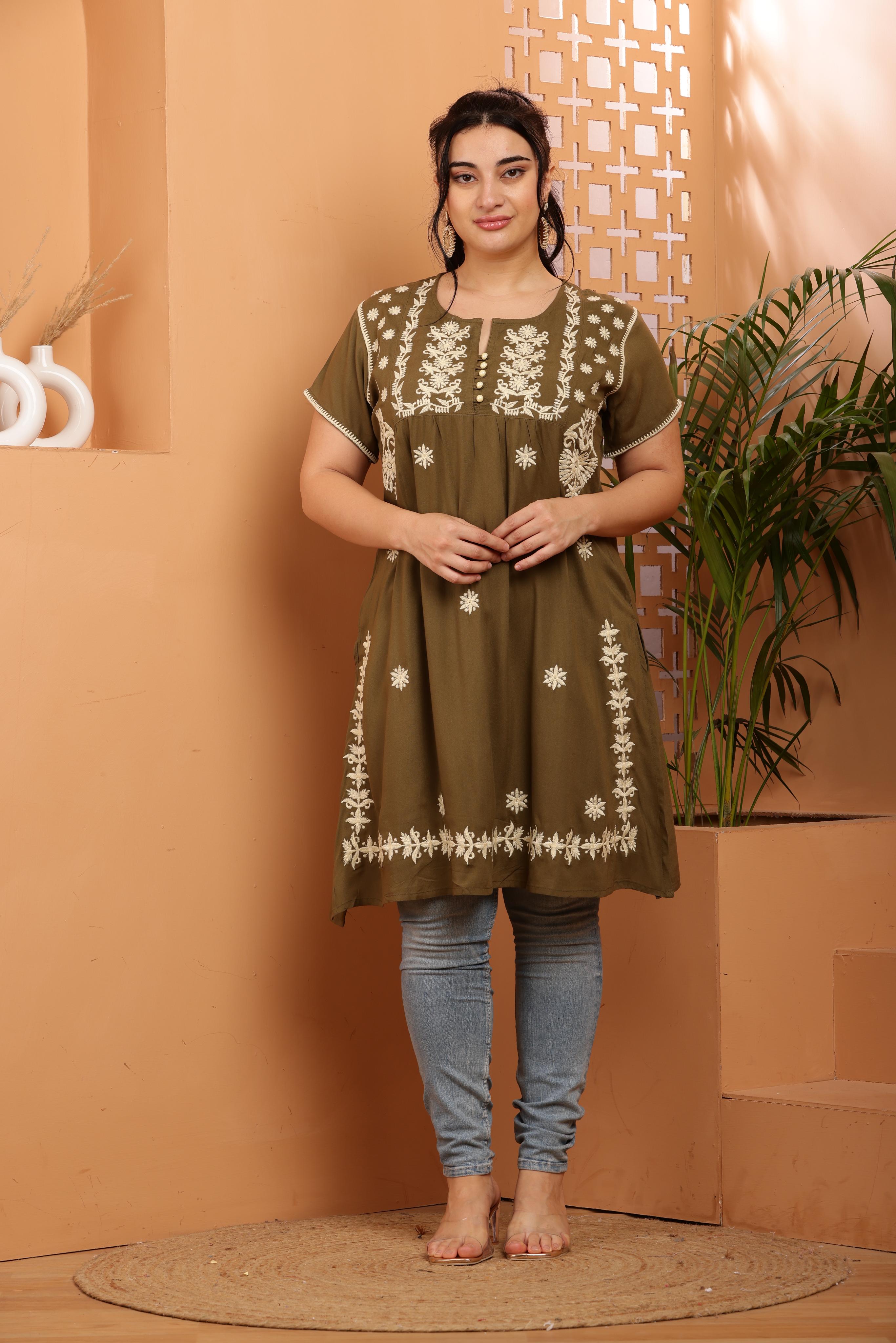 Olive - Beige Floral Chikankari Embroidery Kurta