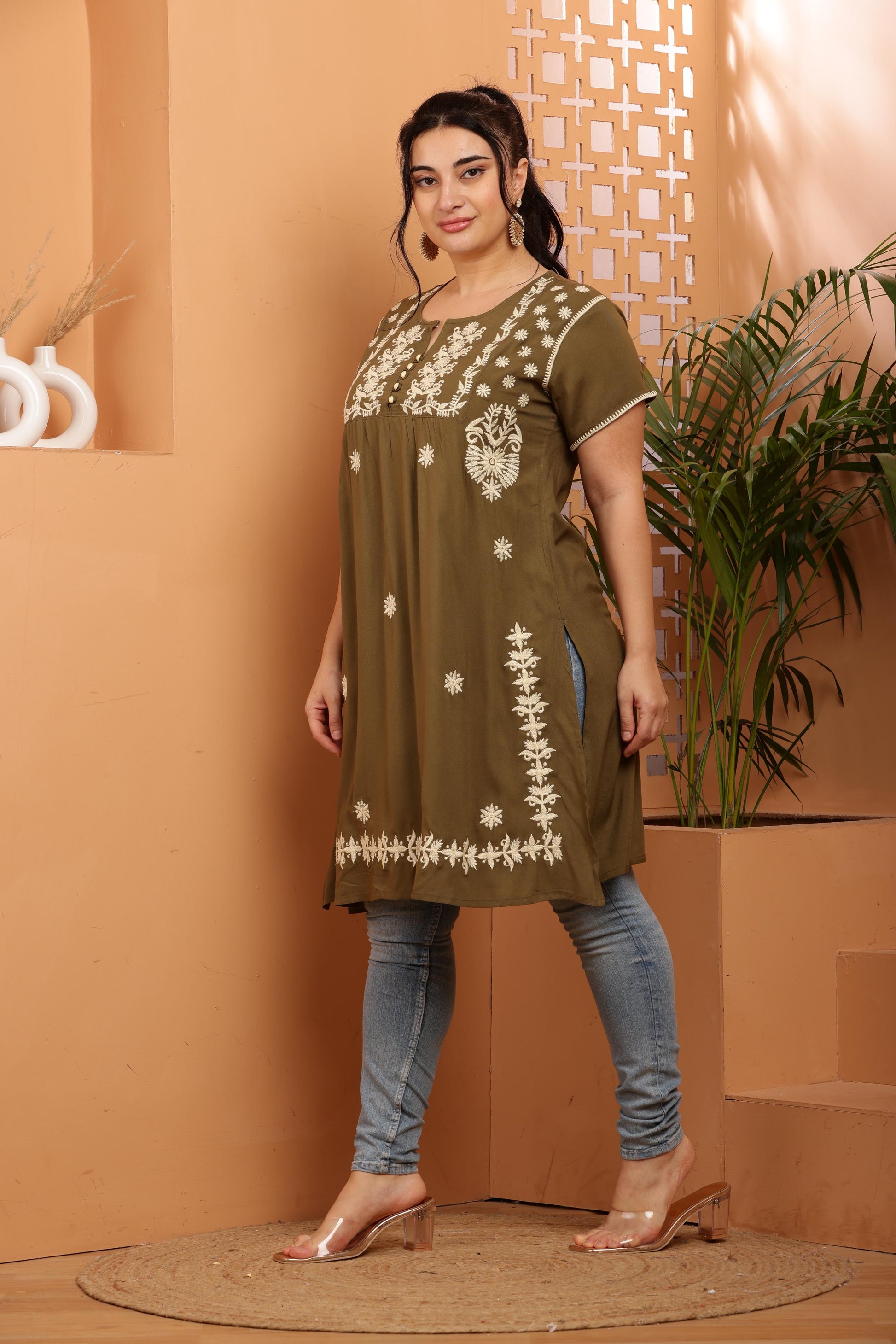 Olive - Beige Floral Chikankari Embroidery Kurta