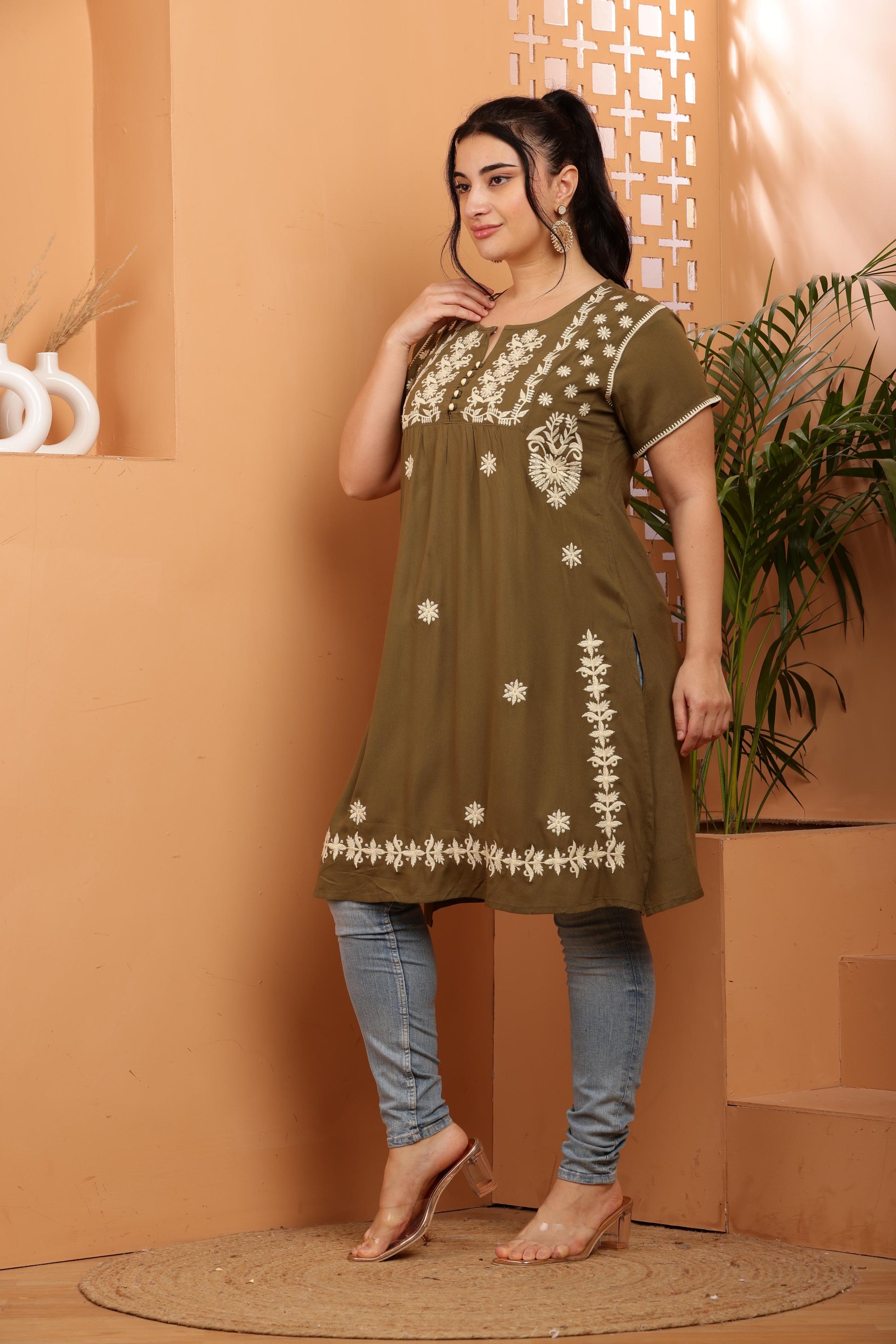 Olive - Beige Floral Chikankari Embroidery Kurta