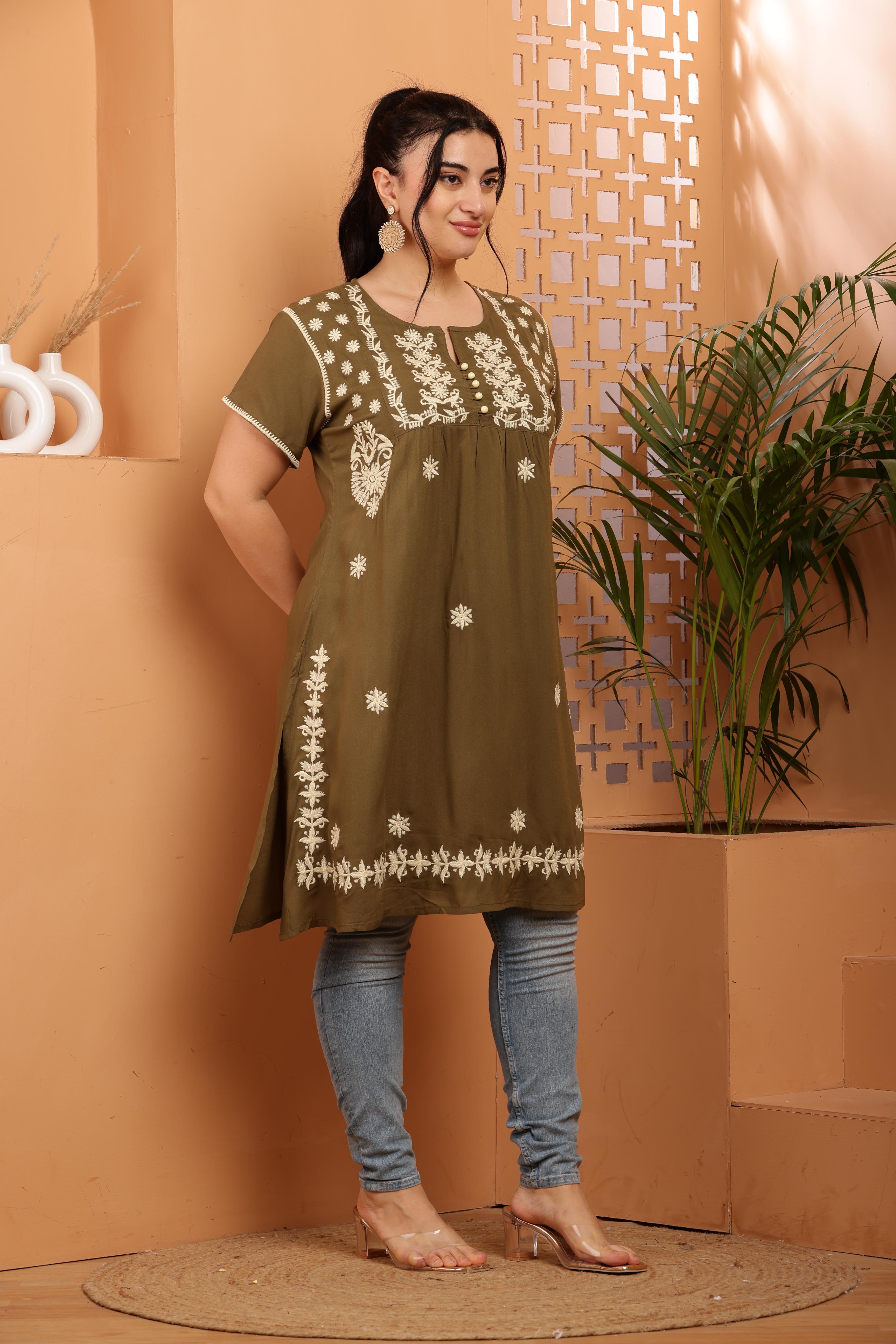 Olive - Beige Floral Chikankari Embroidery Kurta