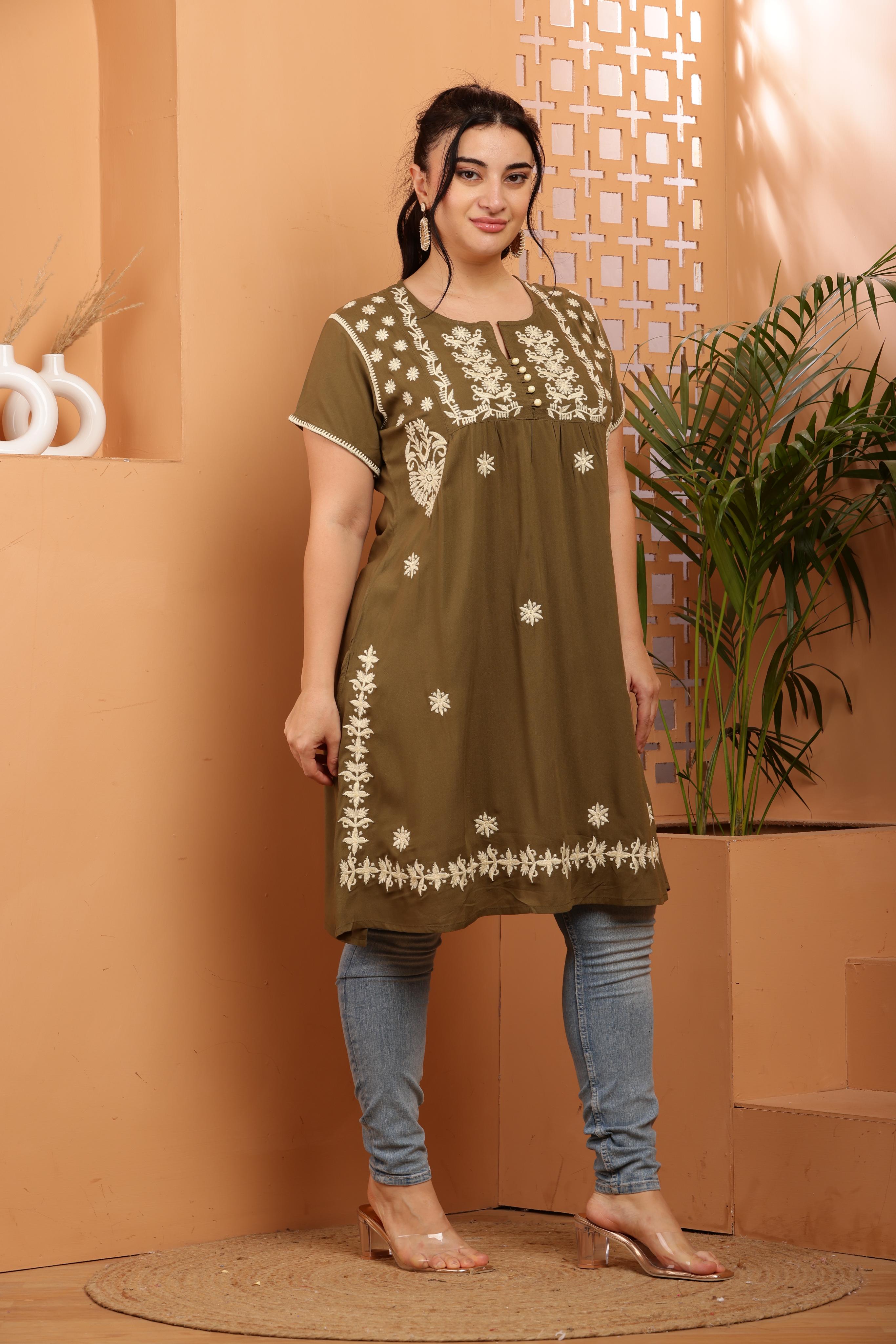 Olive - Beige Floral Chikankari Embroidery Kurta