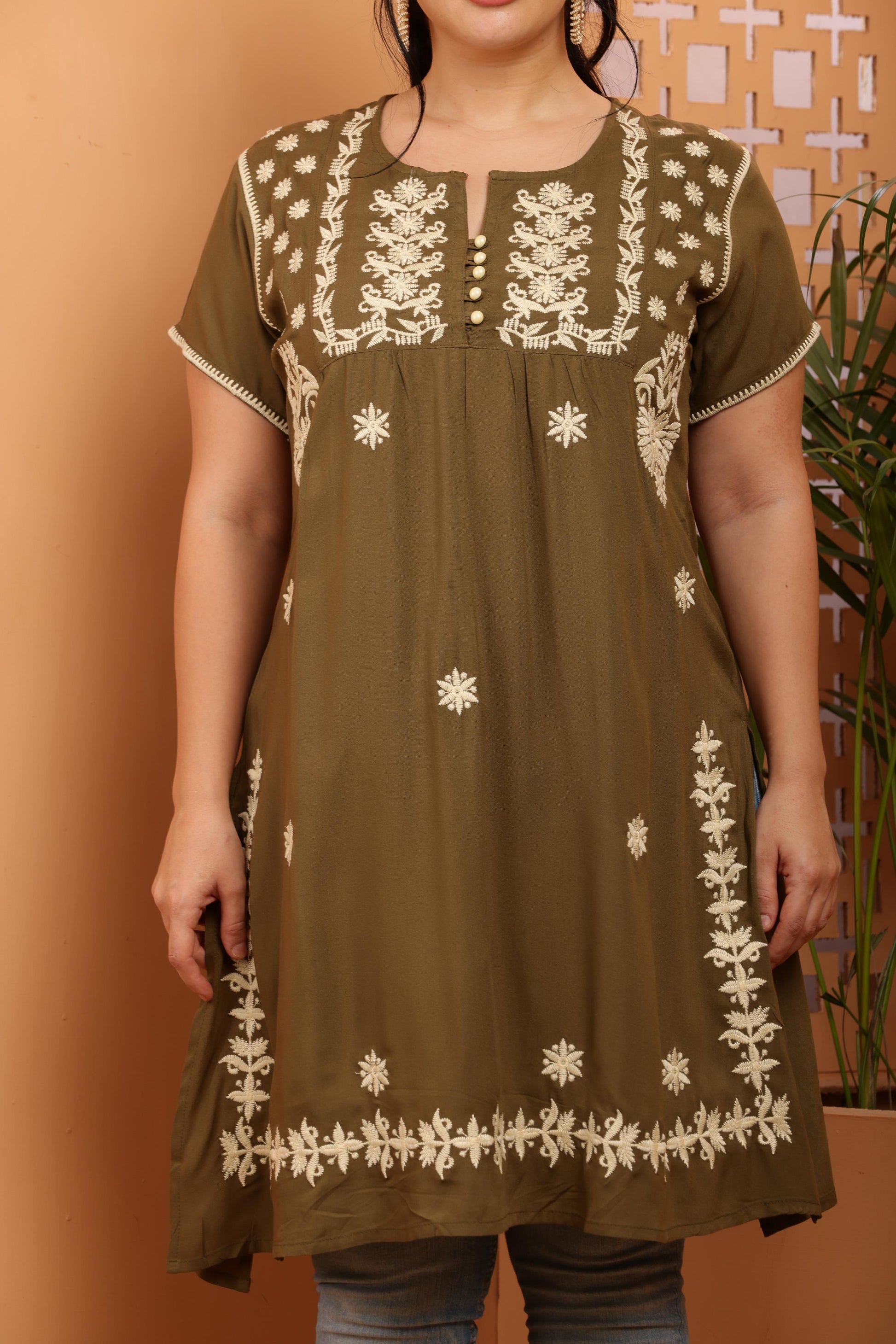 Olive - Beige Floral Chikankari Embroidery Kurta