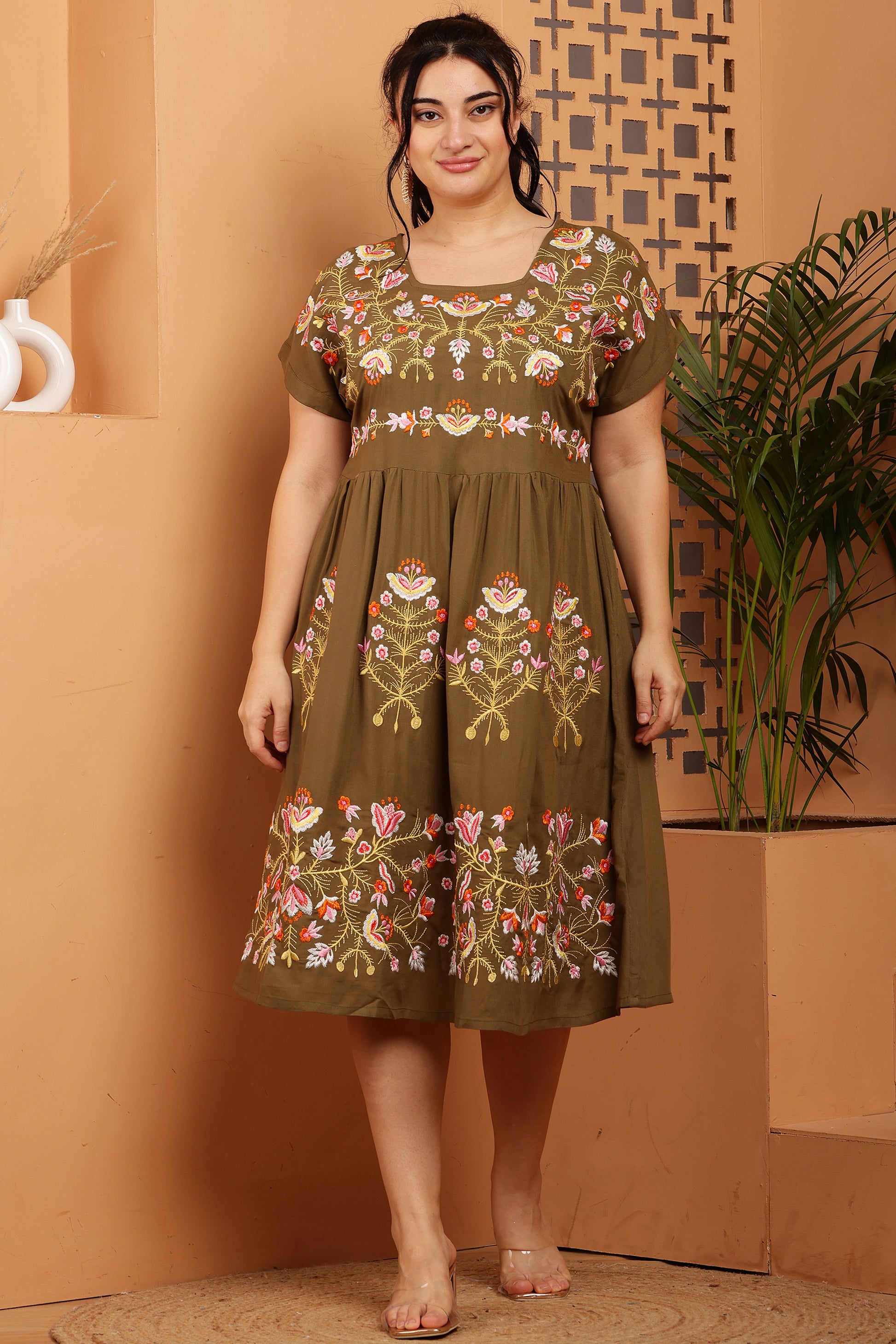 A-line Embroidered Kurta Midi Dress