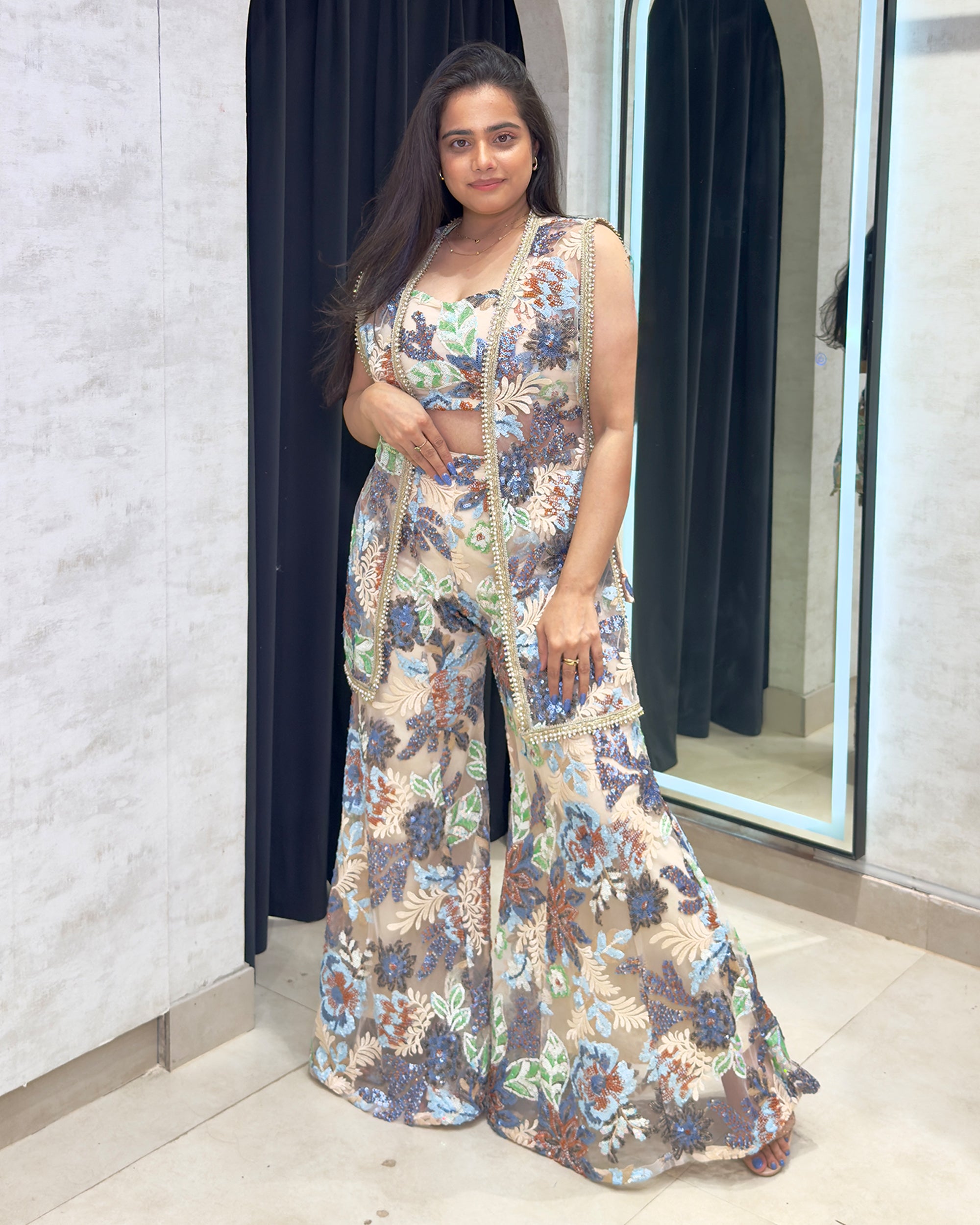 Floral Sequenced Net Jacket with Bustier & Flared Pants