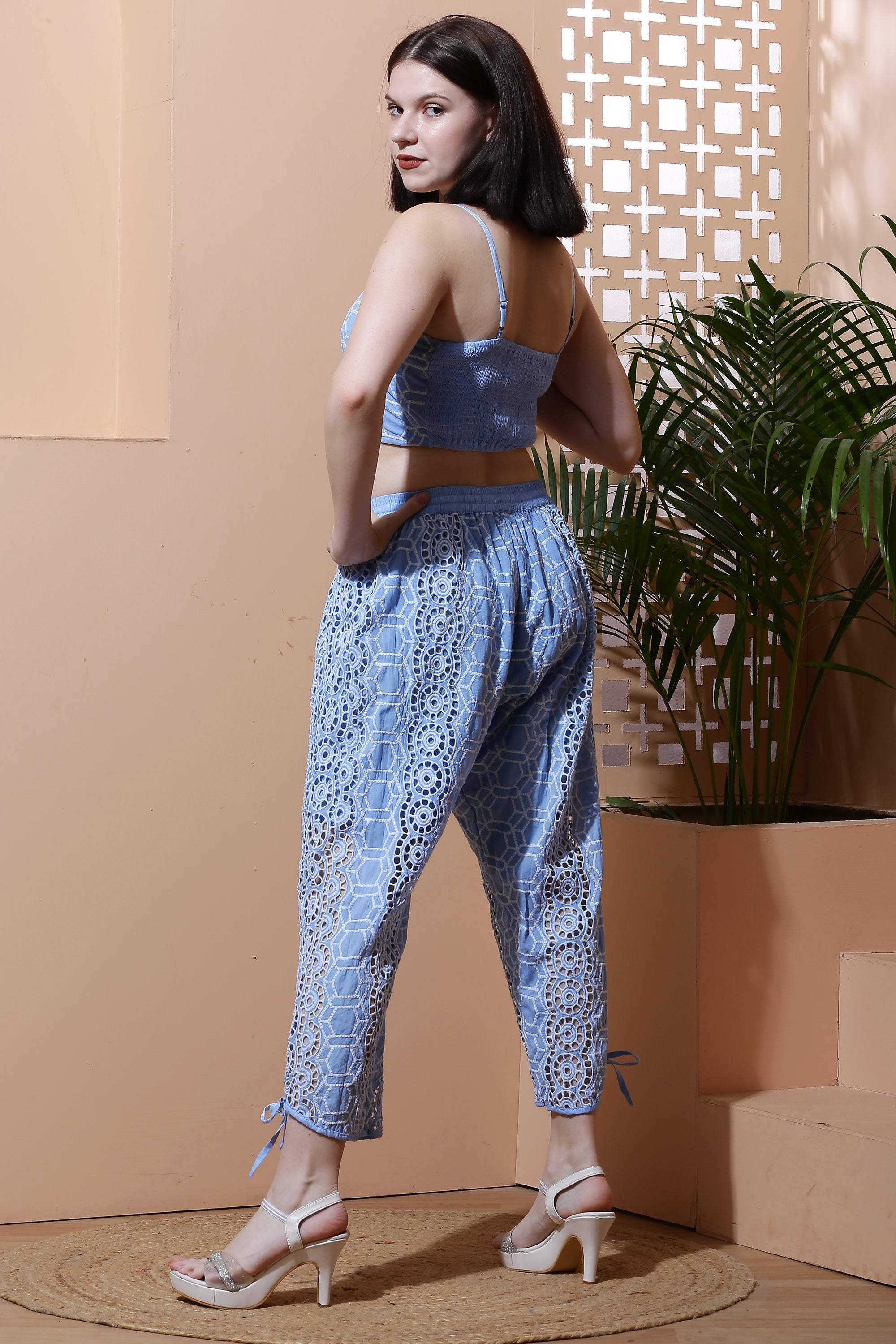 Schiffli Co-Ord Set Crop Top with Harem Pants