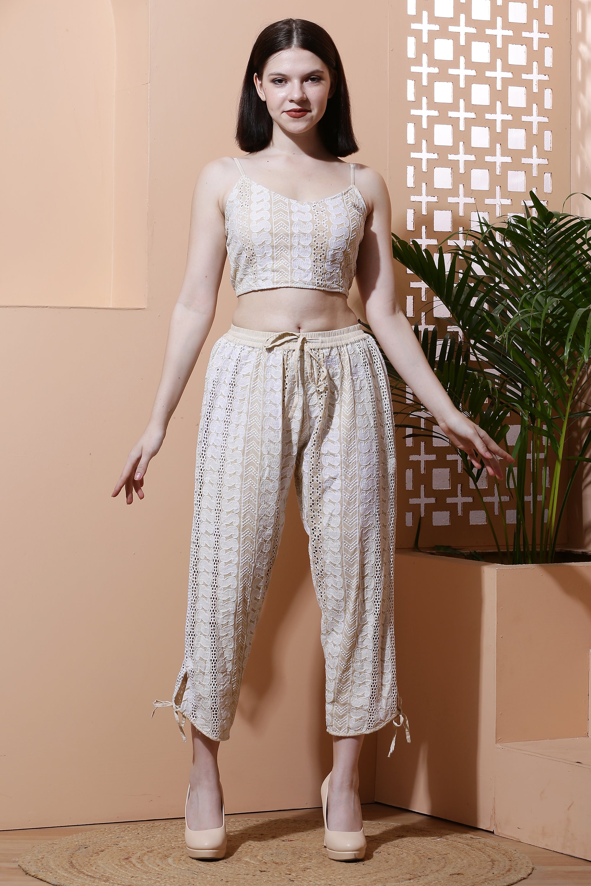 Schiffli Co-Ord Set Crop Top with Harem Pants