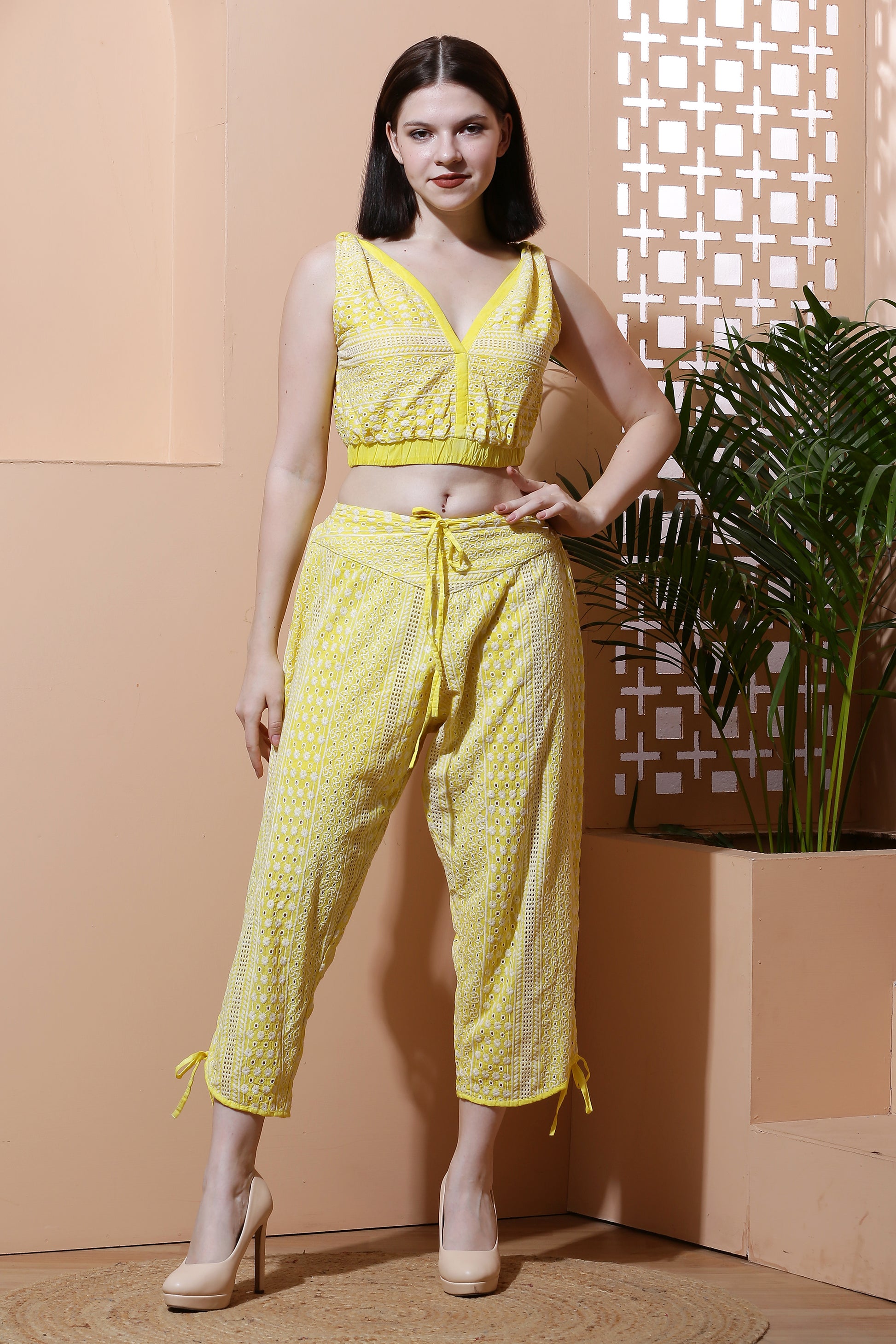 Schiffli Co-Ord Set Crop Top with Harem Pants