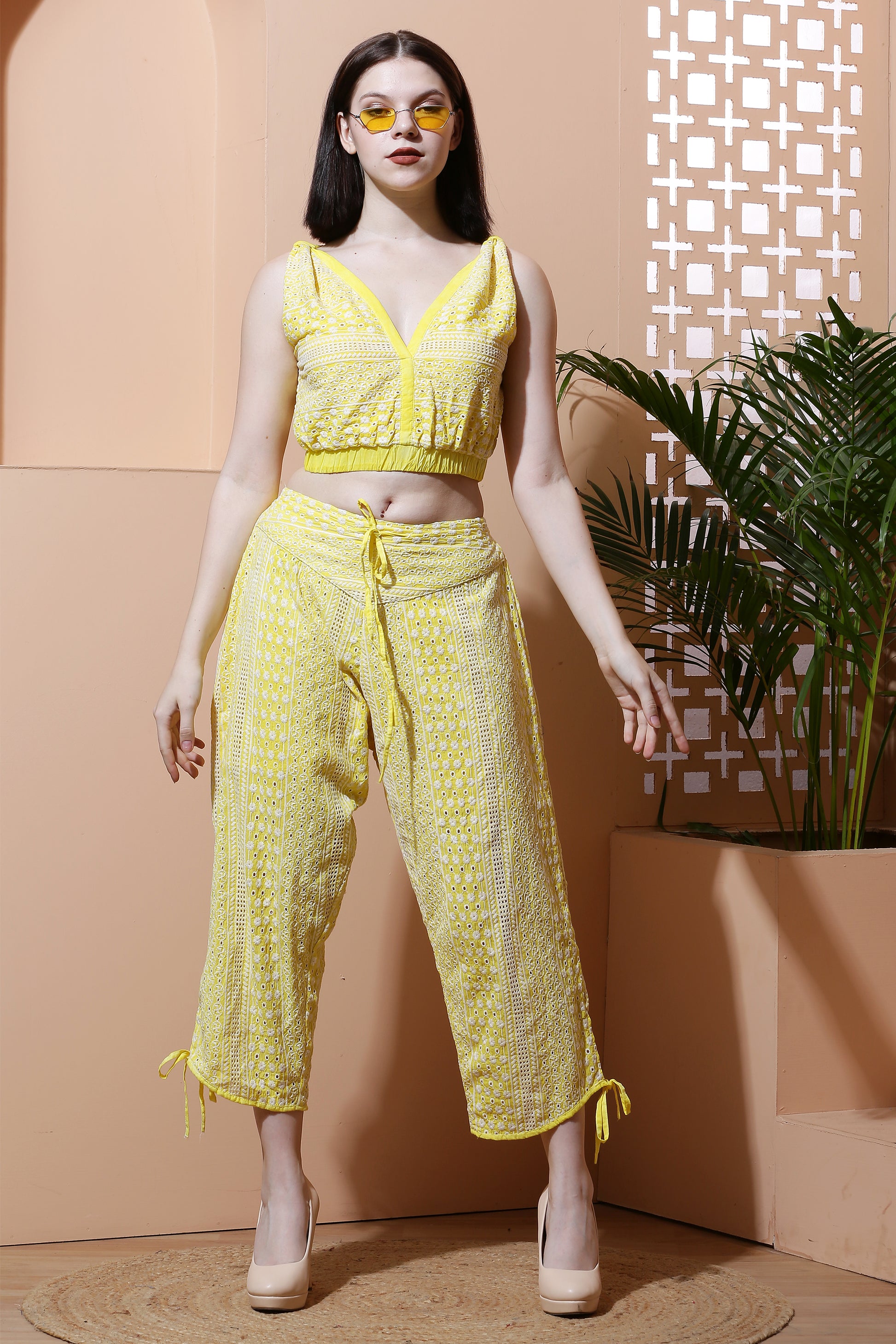 Schiffli Co-Ord Set Crop Top with Harem Pants