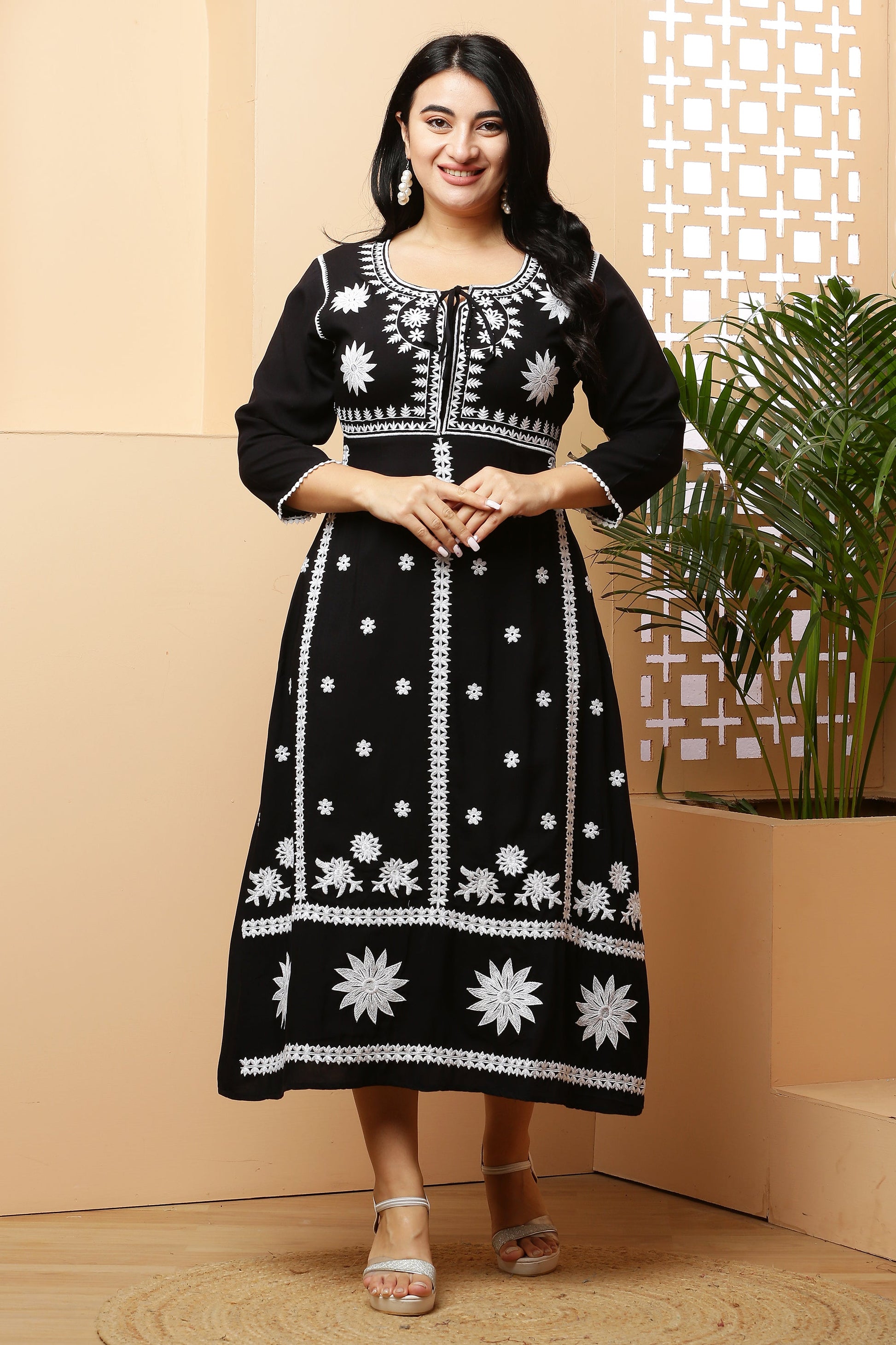 Ankle Length Yoke Embroidery Dress