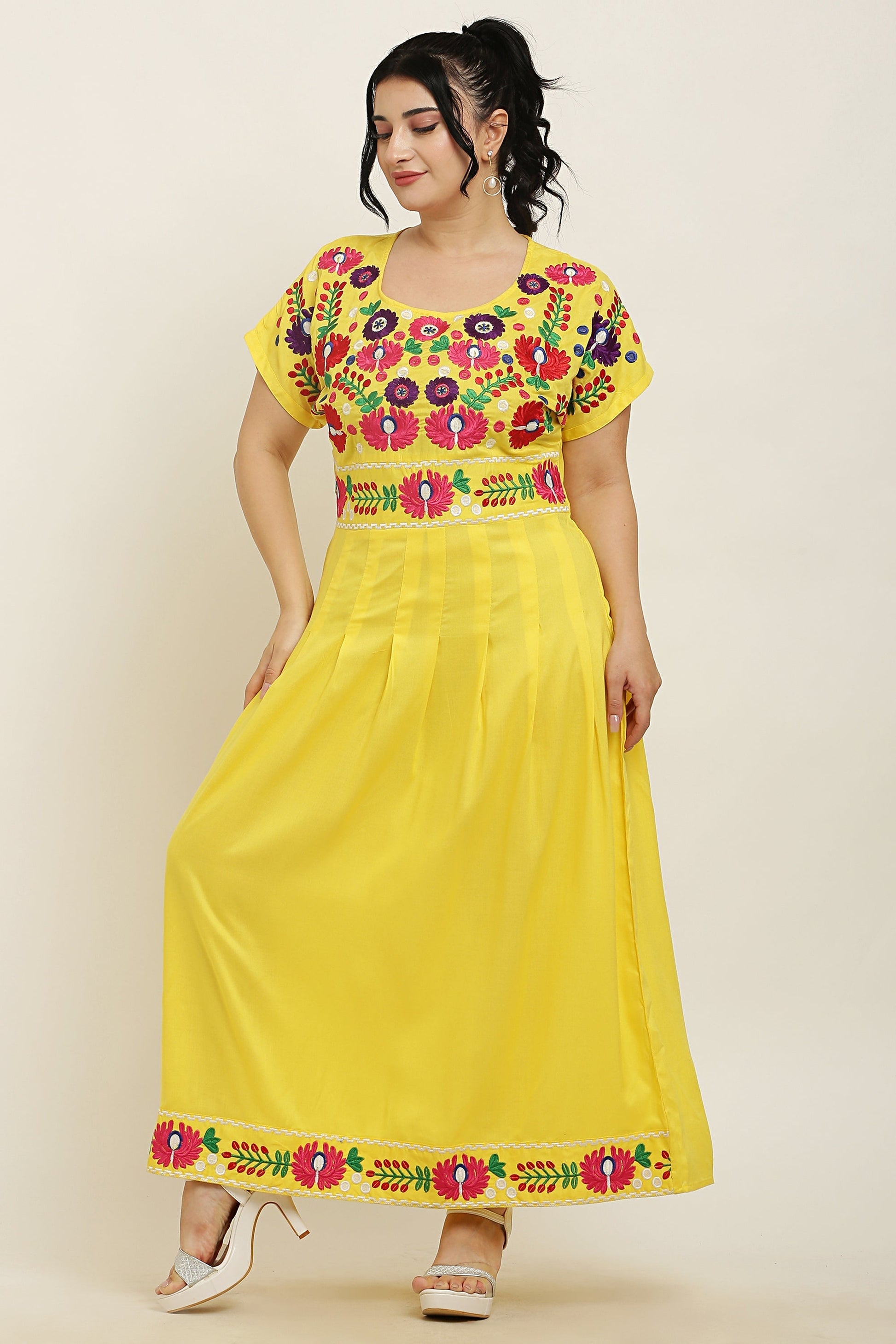 A-line Pleated Embroidered Kurta Dress