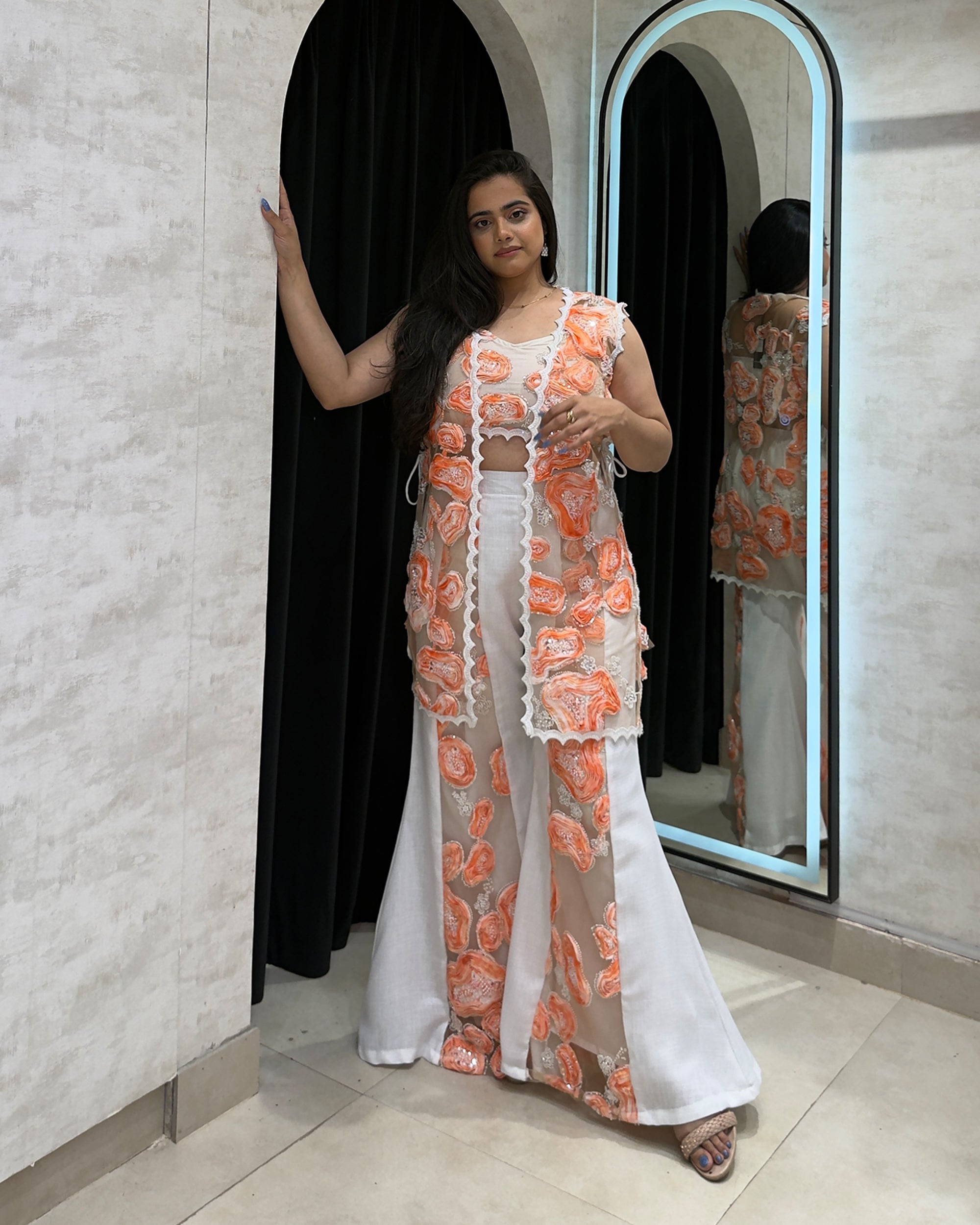 3D Ribbon Net Jacket with Bustier & Flared Pants Main image