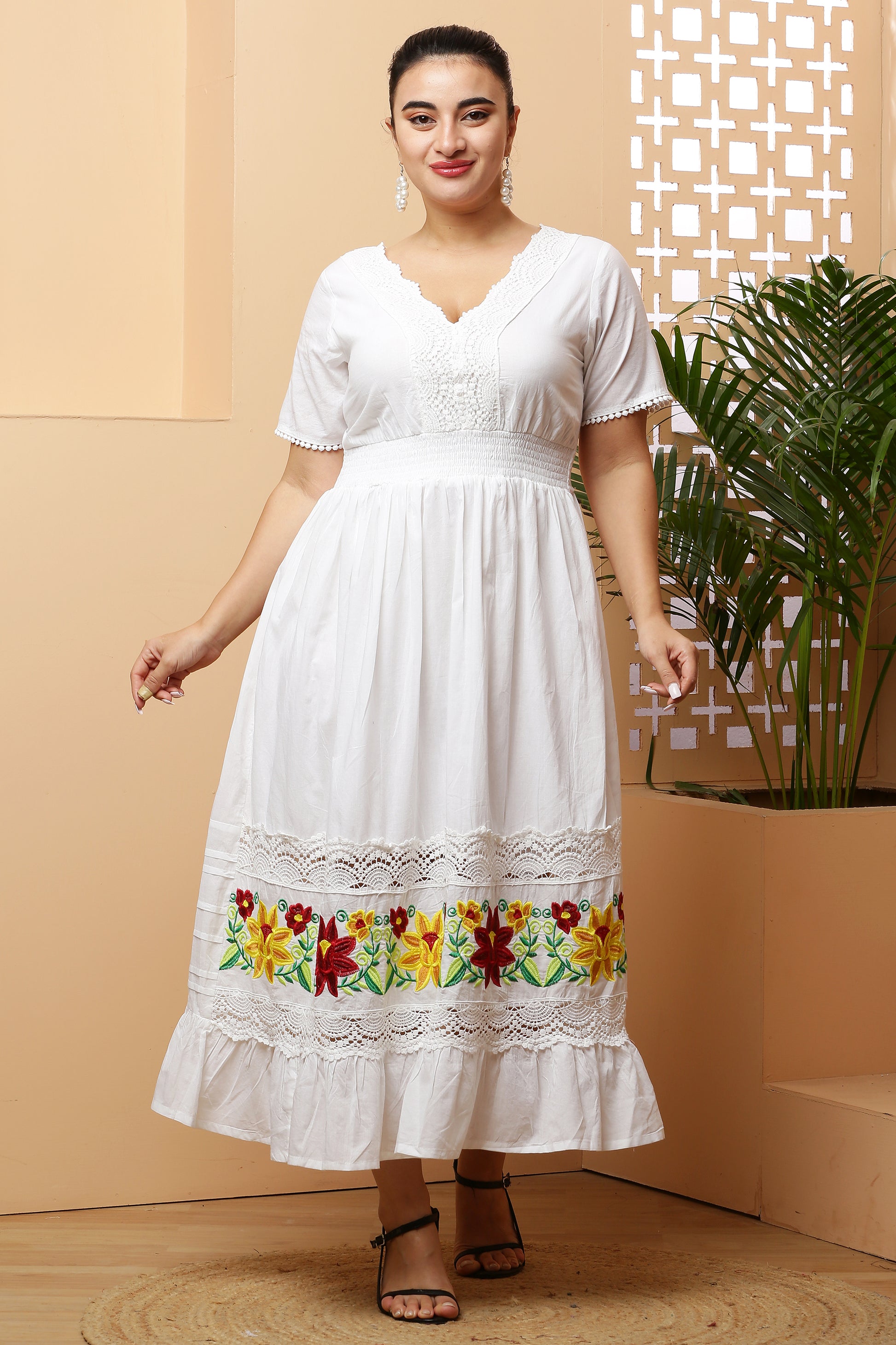 A-Line Ankle Length Dress with Embroidery & Lace Inserts