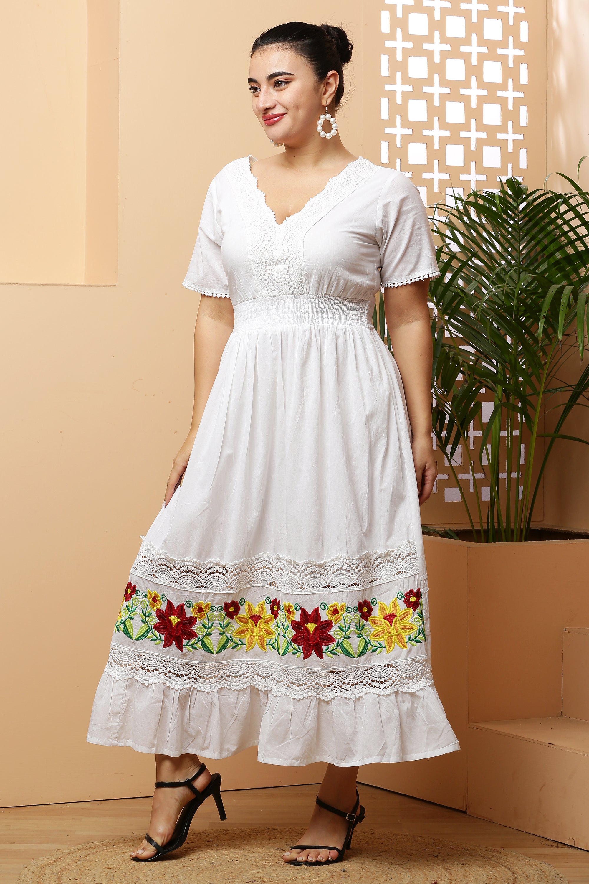 A-Line Ankle Length Dress with Embroidery & Lace Inserts