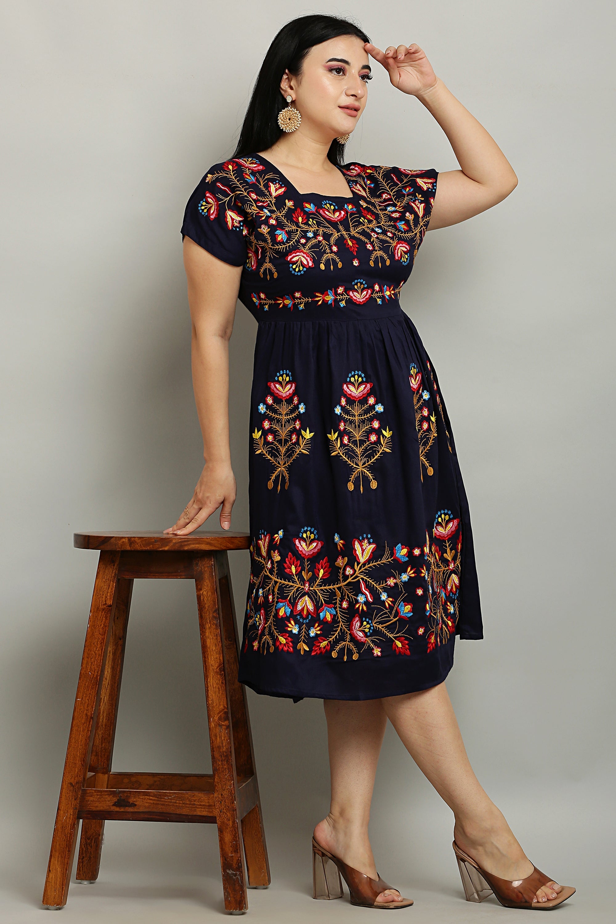 A-line Embroidered Kurta Midi Dress