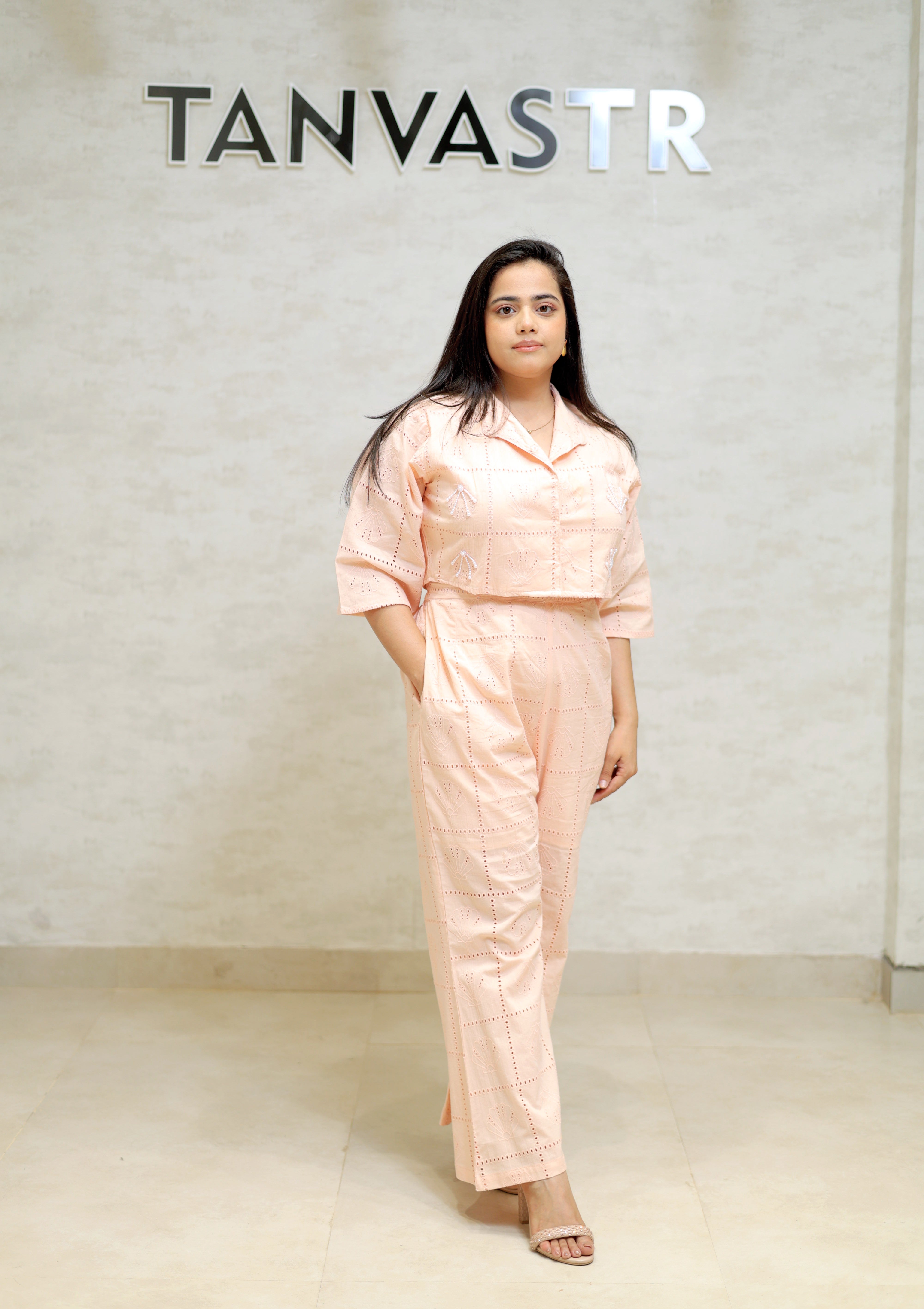 Chinese Collar Schiffli Crop Top with Plazzo Pants