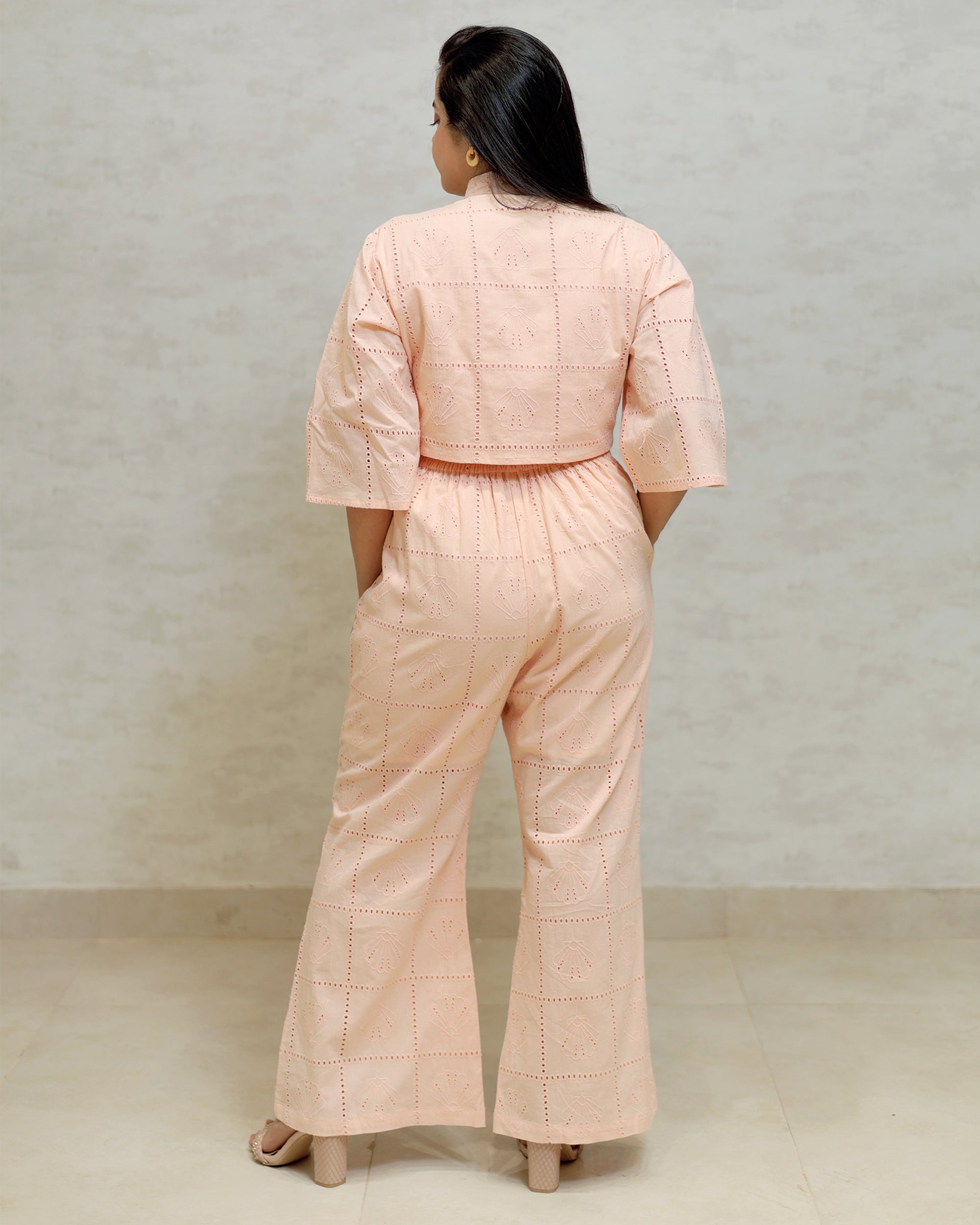 Chinese Collar Schiffli Crop Top with Plazzo Pants