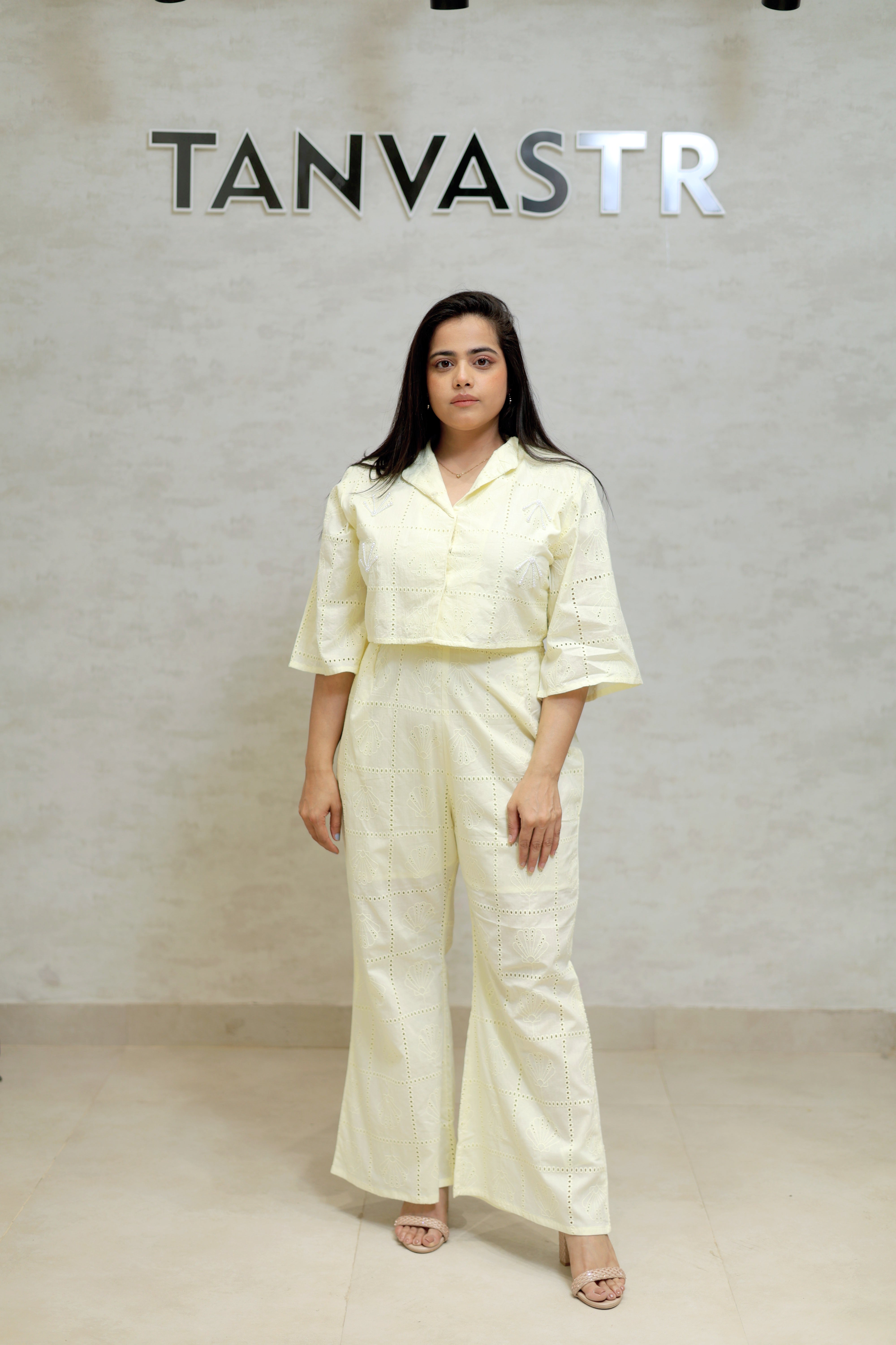 Chinese Collar Schiffli Crop Top with Plazzo Pants