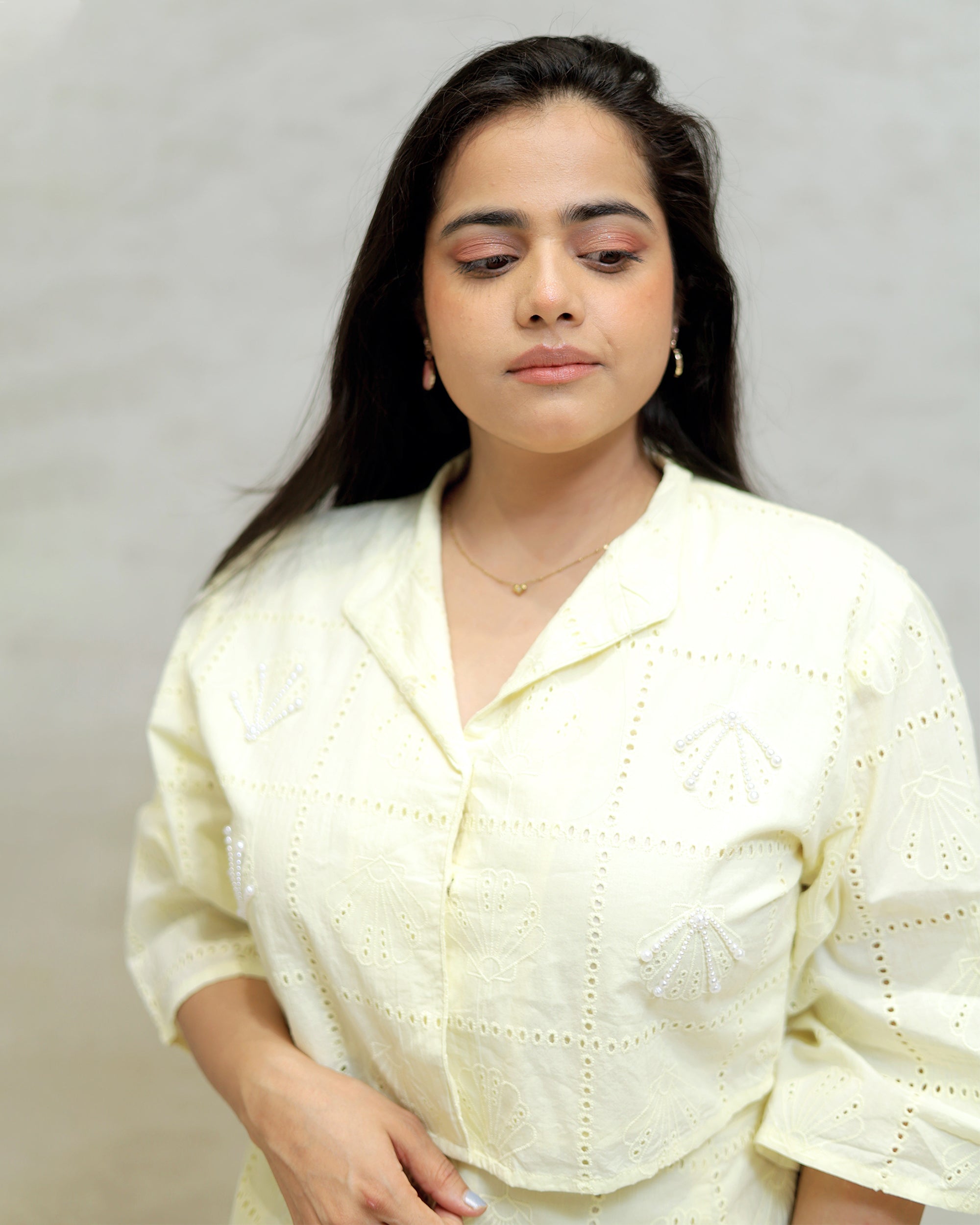 Chinese Collar Schiffli Crop Top with Plazzo Pants