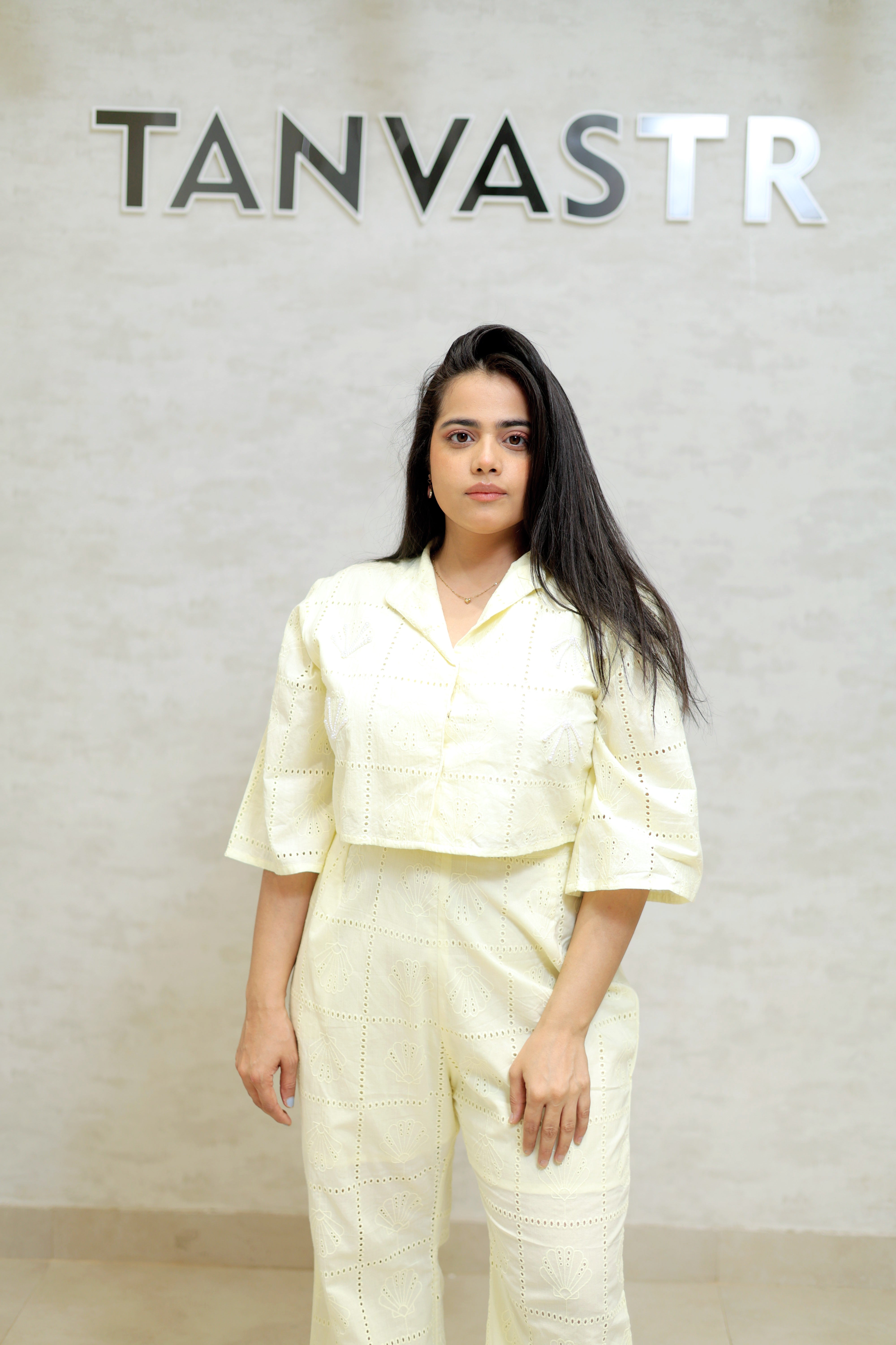 Chinese Collar Schiffli Crop Top with Plazzo Pants