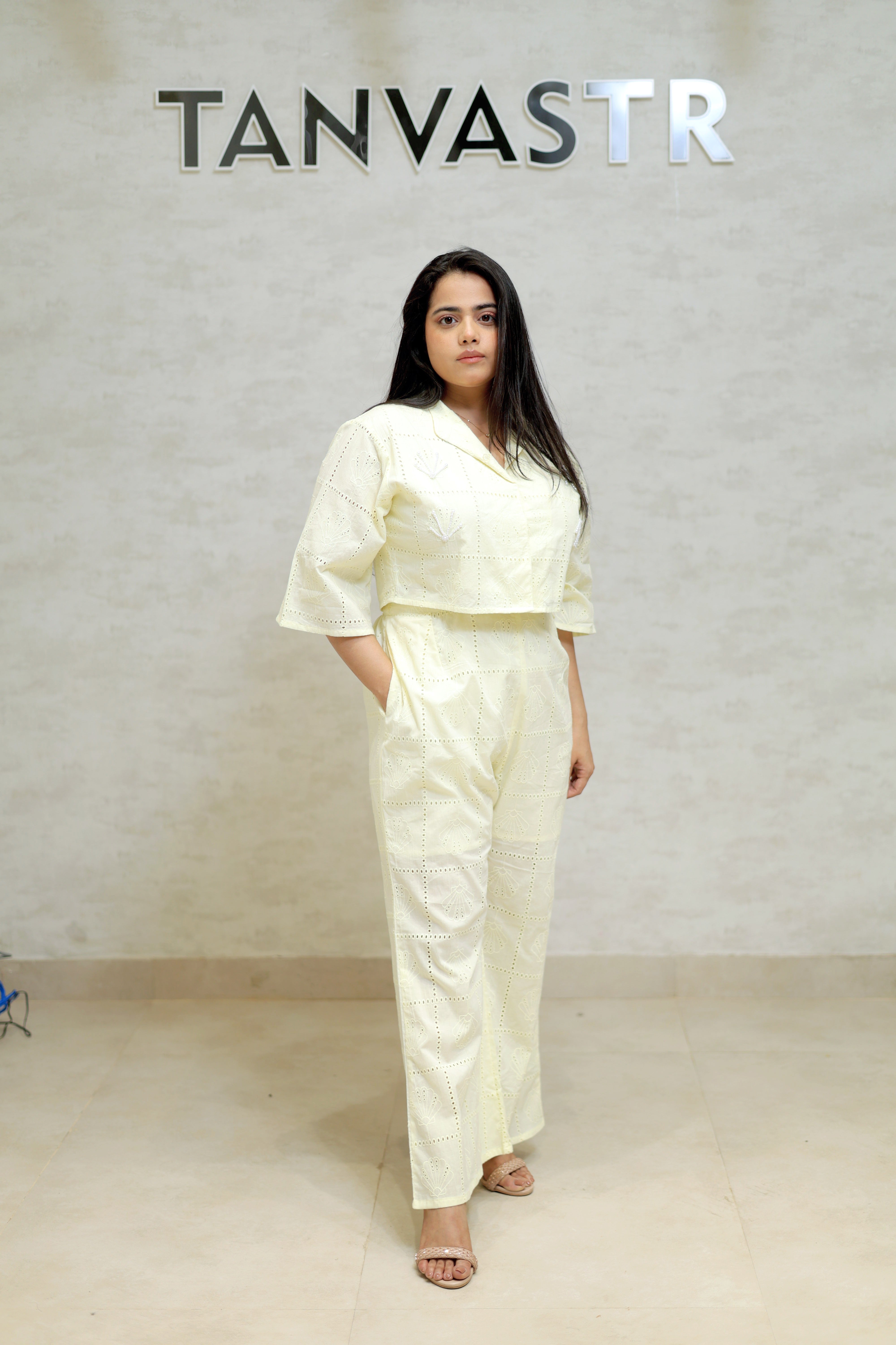 Chinese Collar Schiffli Crop Top with Plazzo Pants