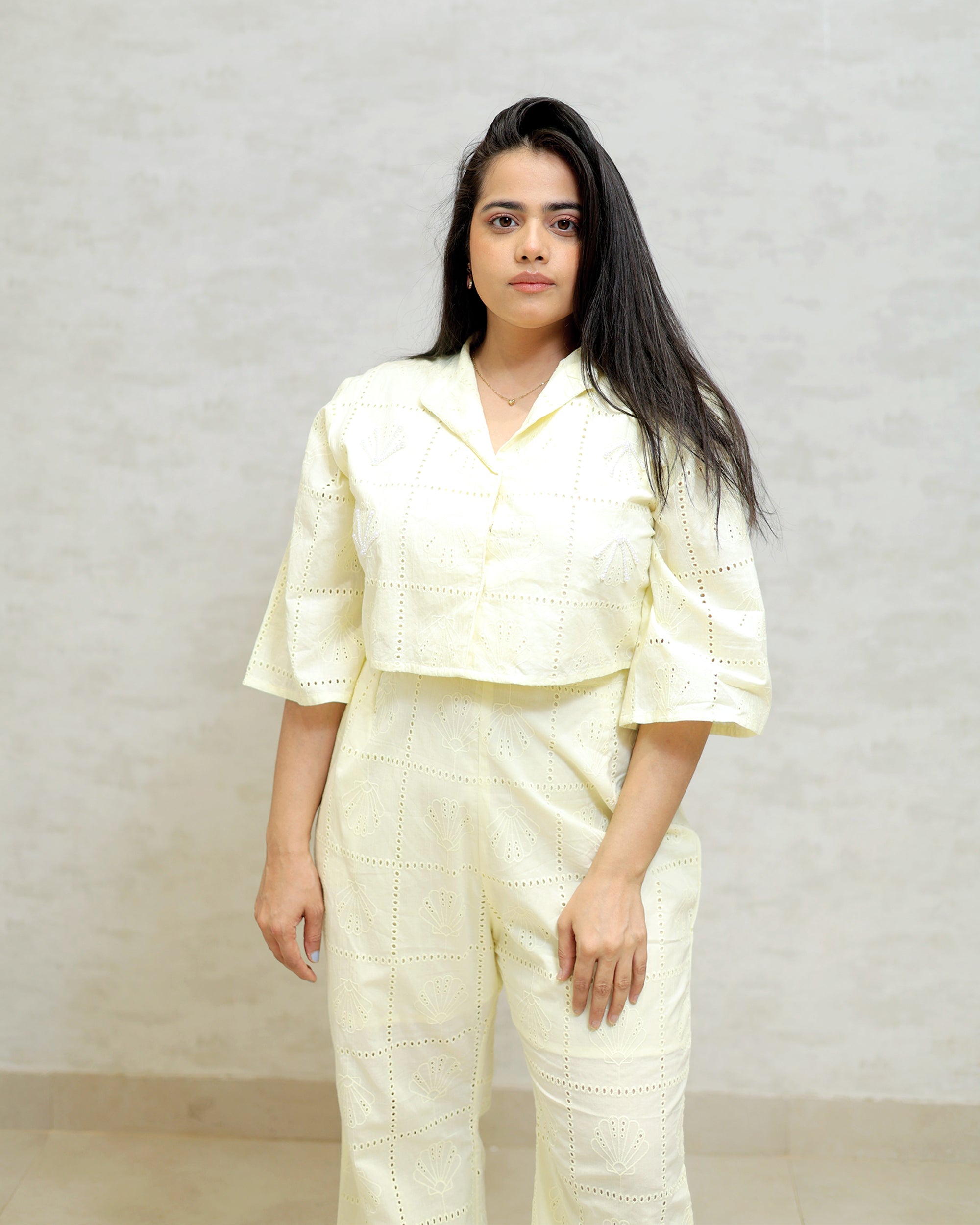 Chinese Collar Schiffli Crop Top with Plazzo Pants
