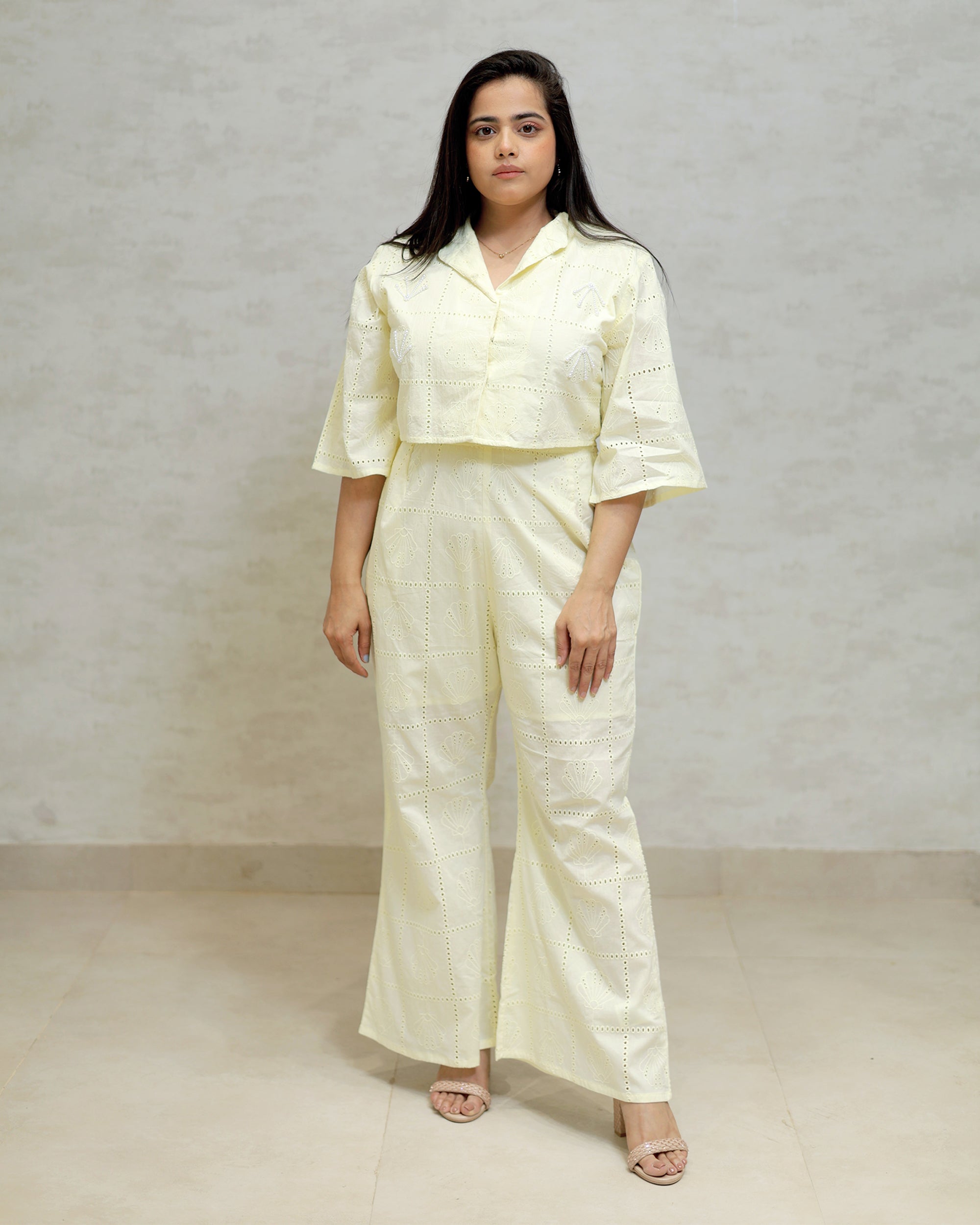 Chinese Collar Schiffli Crop Top with Plazzo Pants