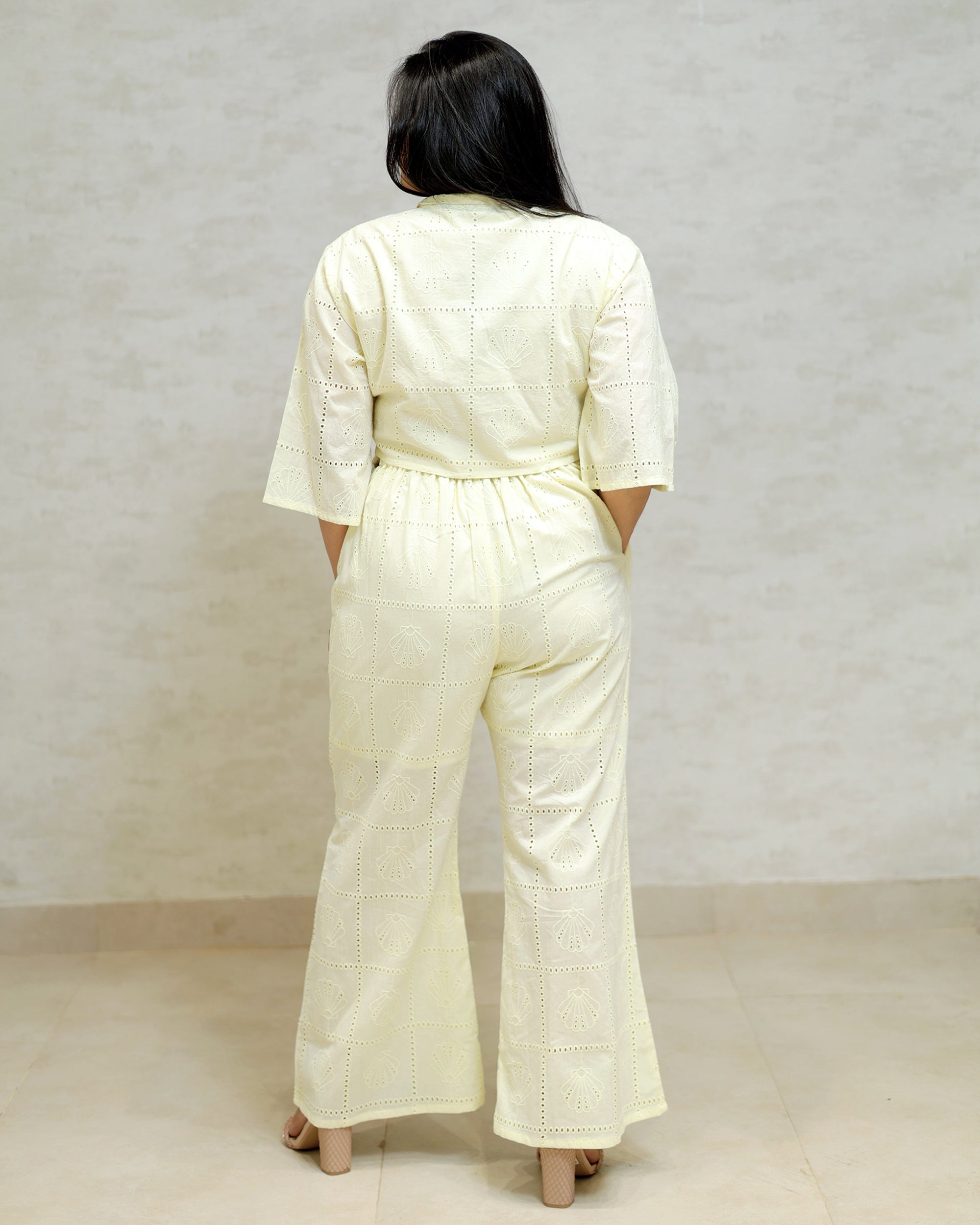 Chinese Collar Schiffli Crop Top with Plazzo Pants