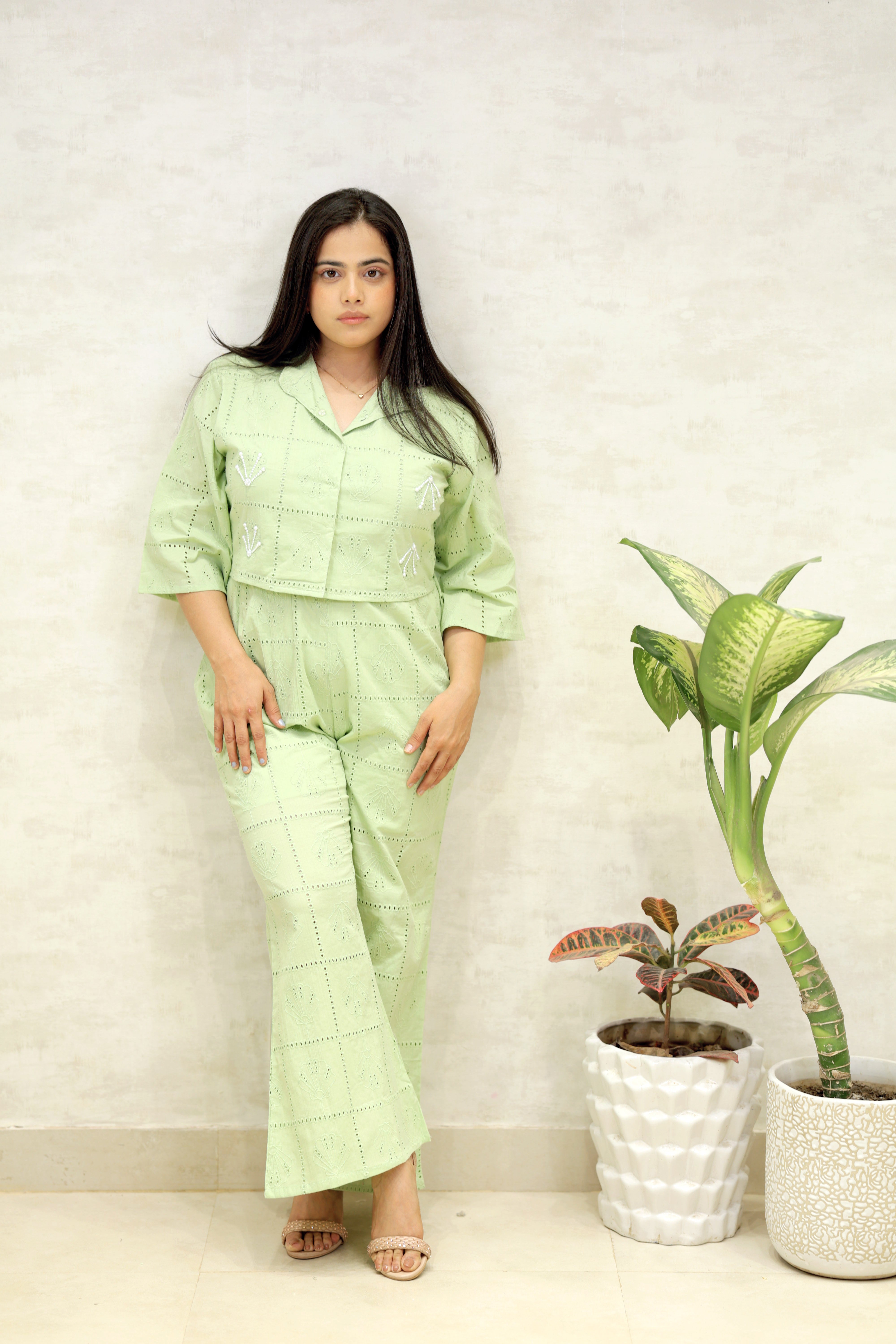 Chinese Collar Schiffli Crop Top with Plazzo Pants