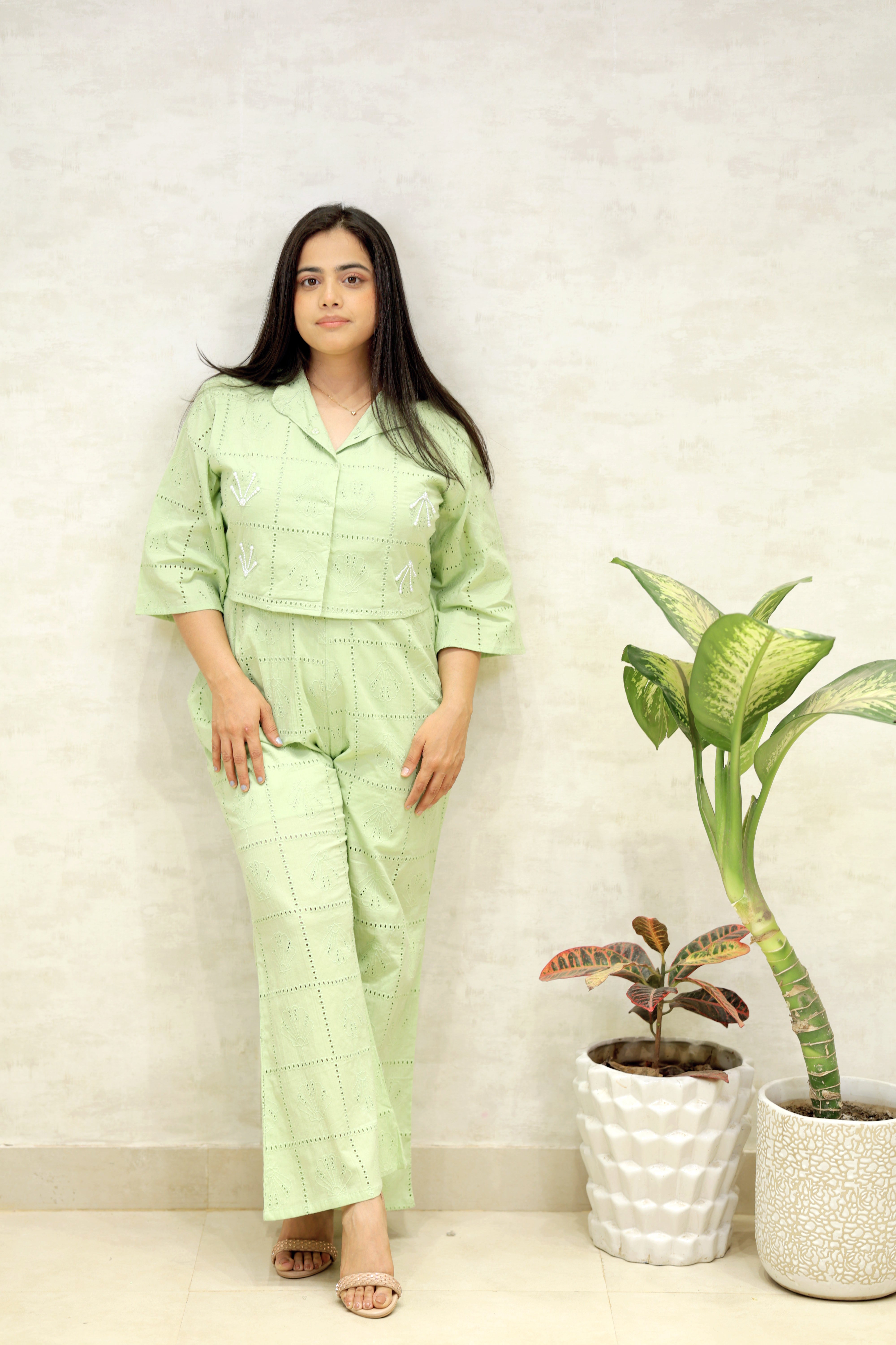 Chinese Collar Schiffli Crop Top with Plazzo Pants