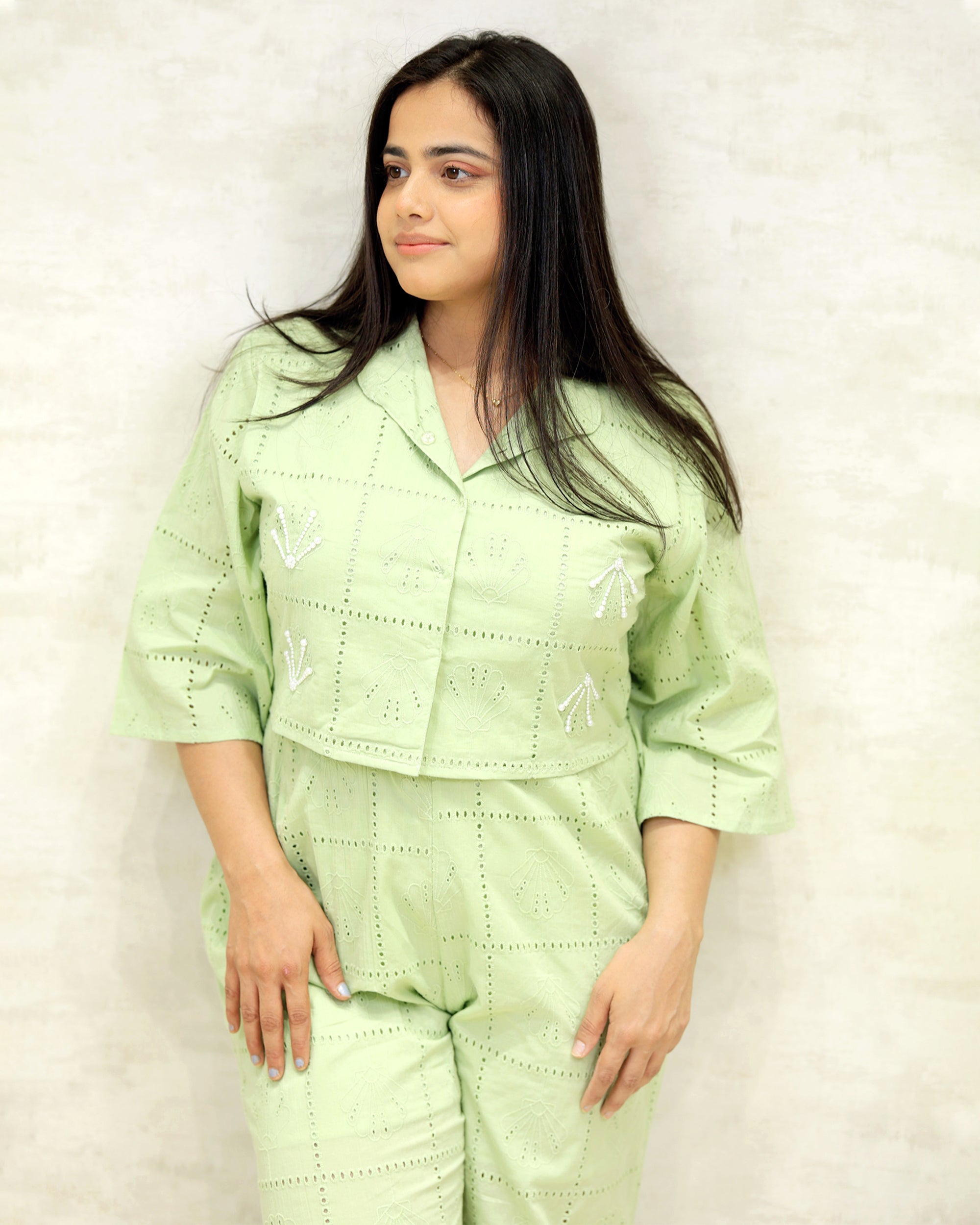 Chinese Collar Schiffli Crop Top with Plazzo Pants