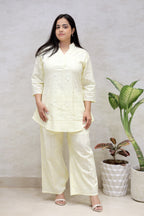 Chinese Collar Schiffli Kurta with Plazzo Pants
