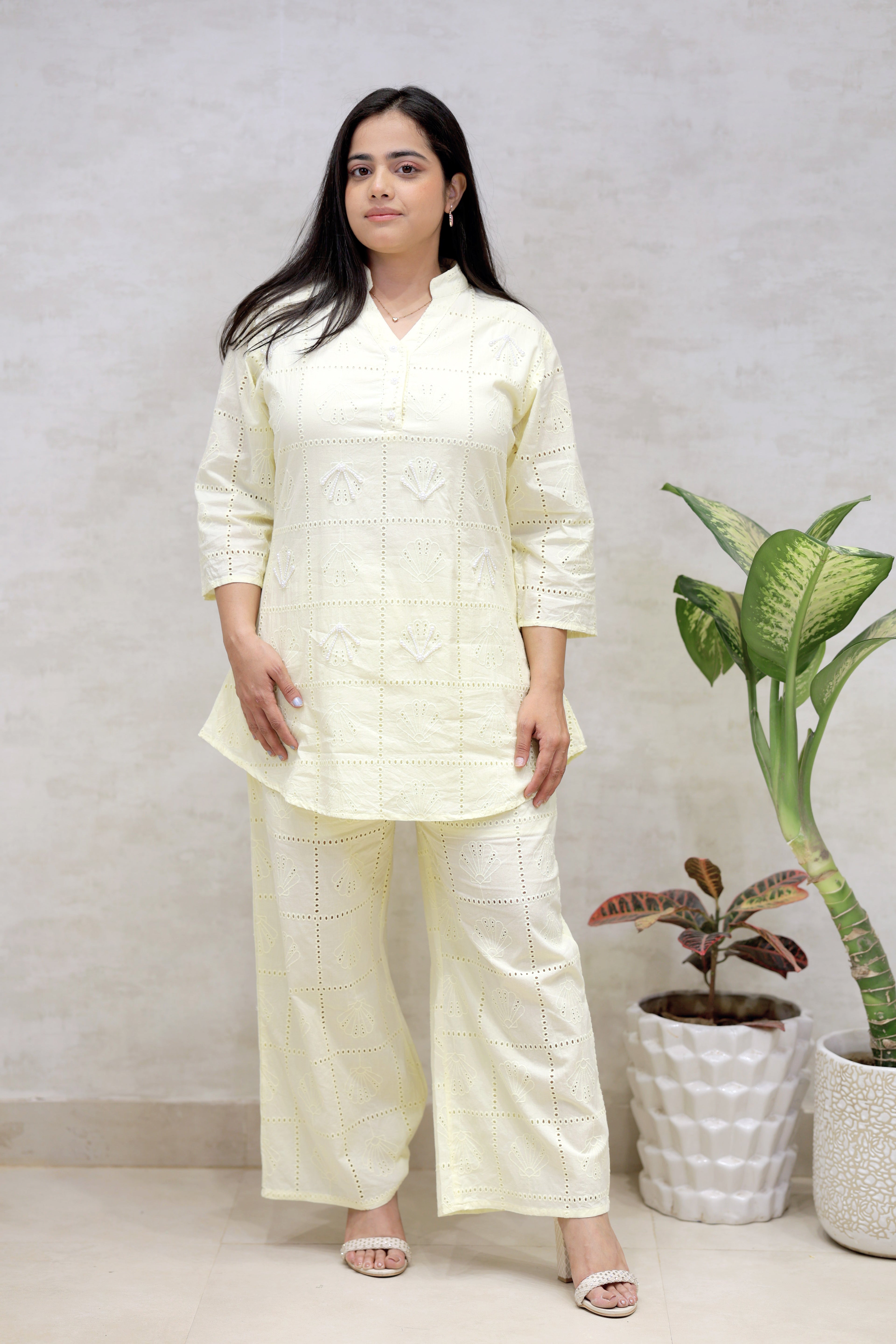 Chinese Collar Schiffli Kurta with Plazzo Pants