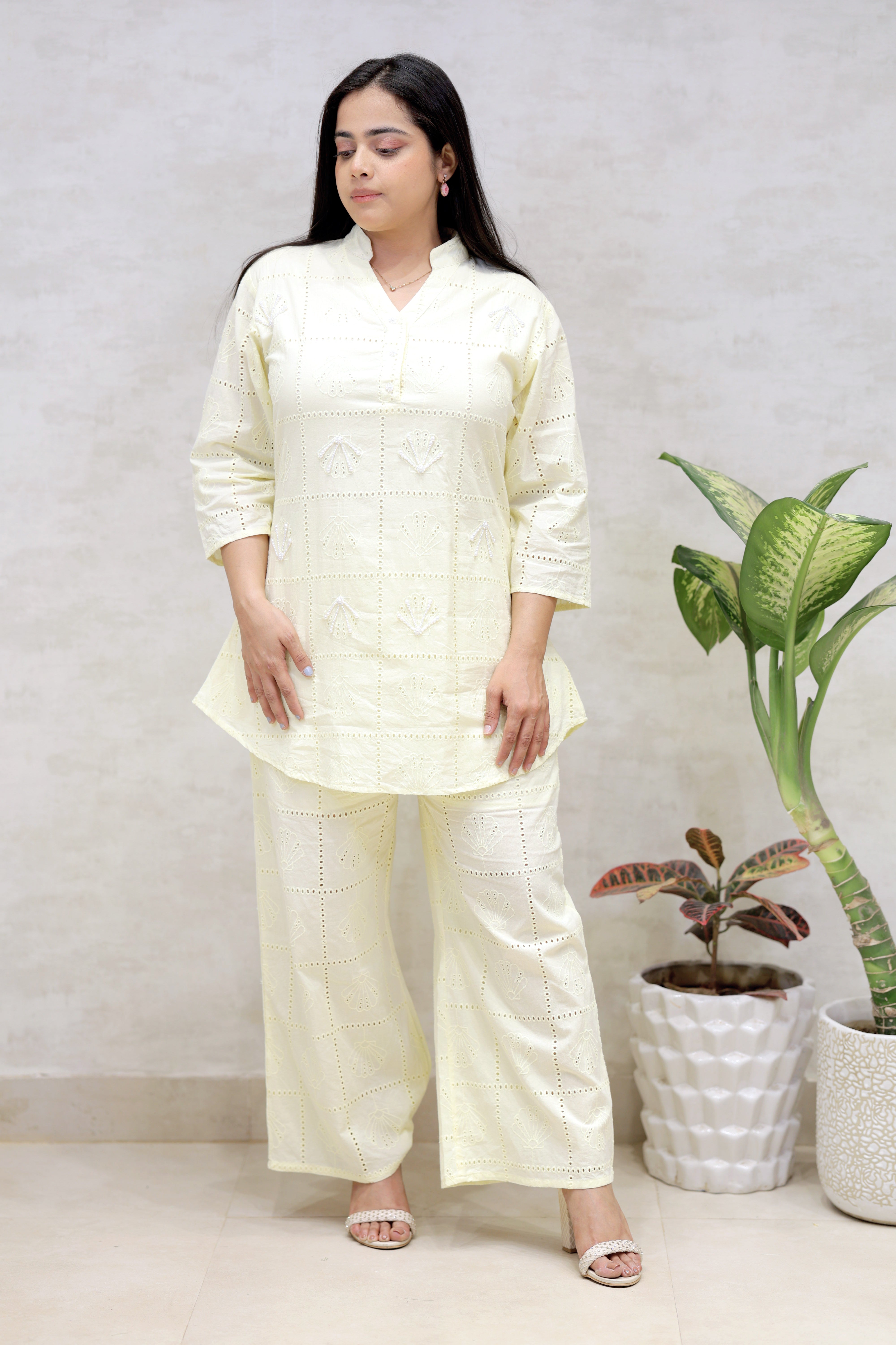 Chinese Collar Schiffli Kurta with Plazzo Pants