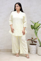 Chinese Collar Schiffli Kurta with Plazzo Pants