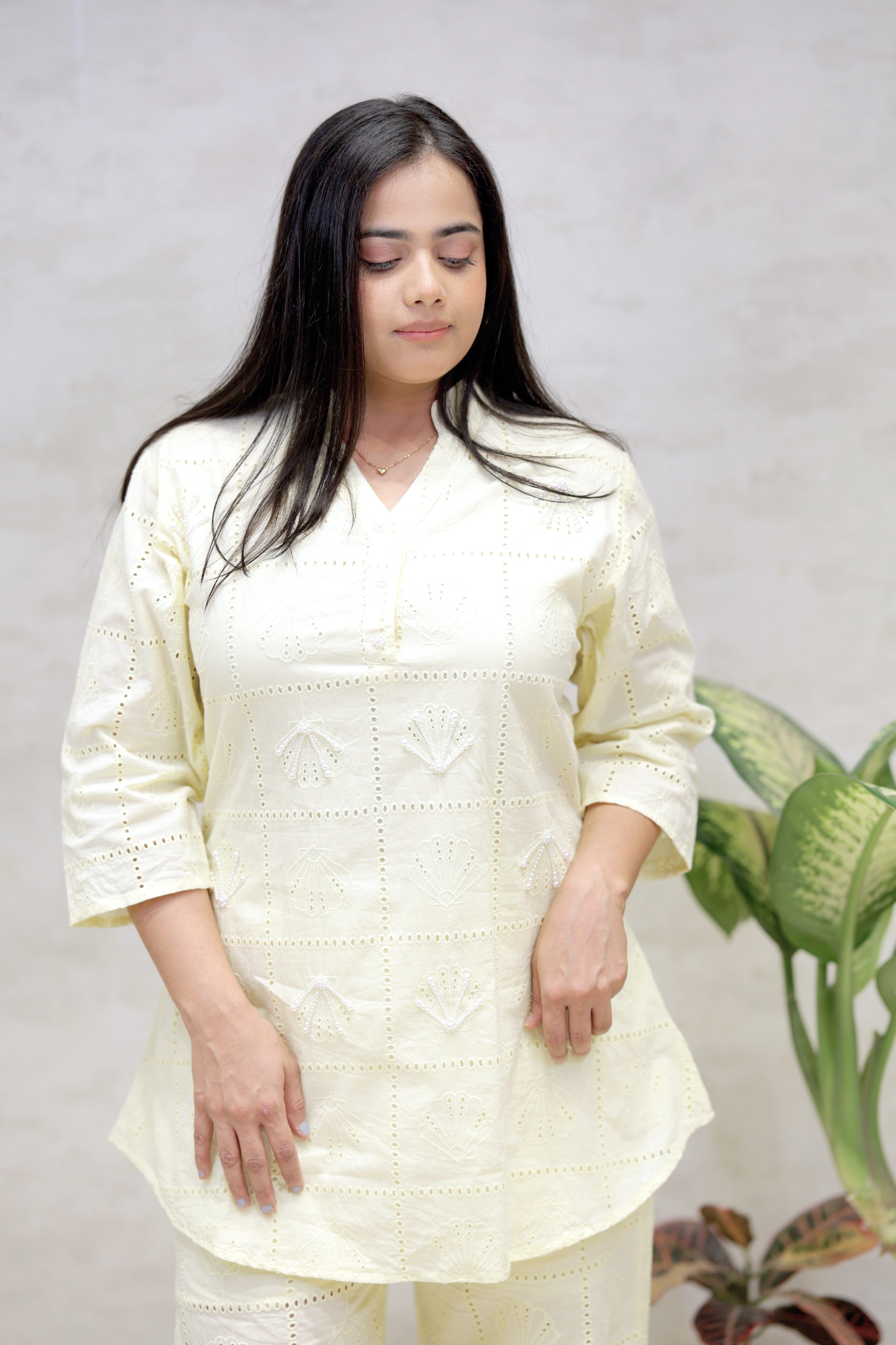 Chinese Collar Schiffli Kurta with Plazzo Pants