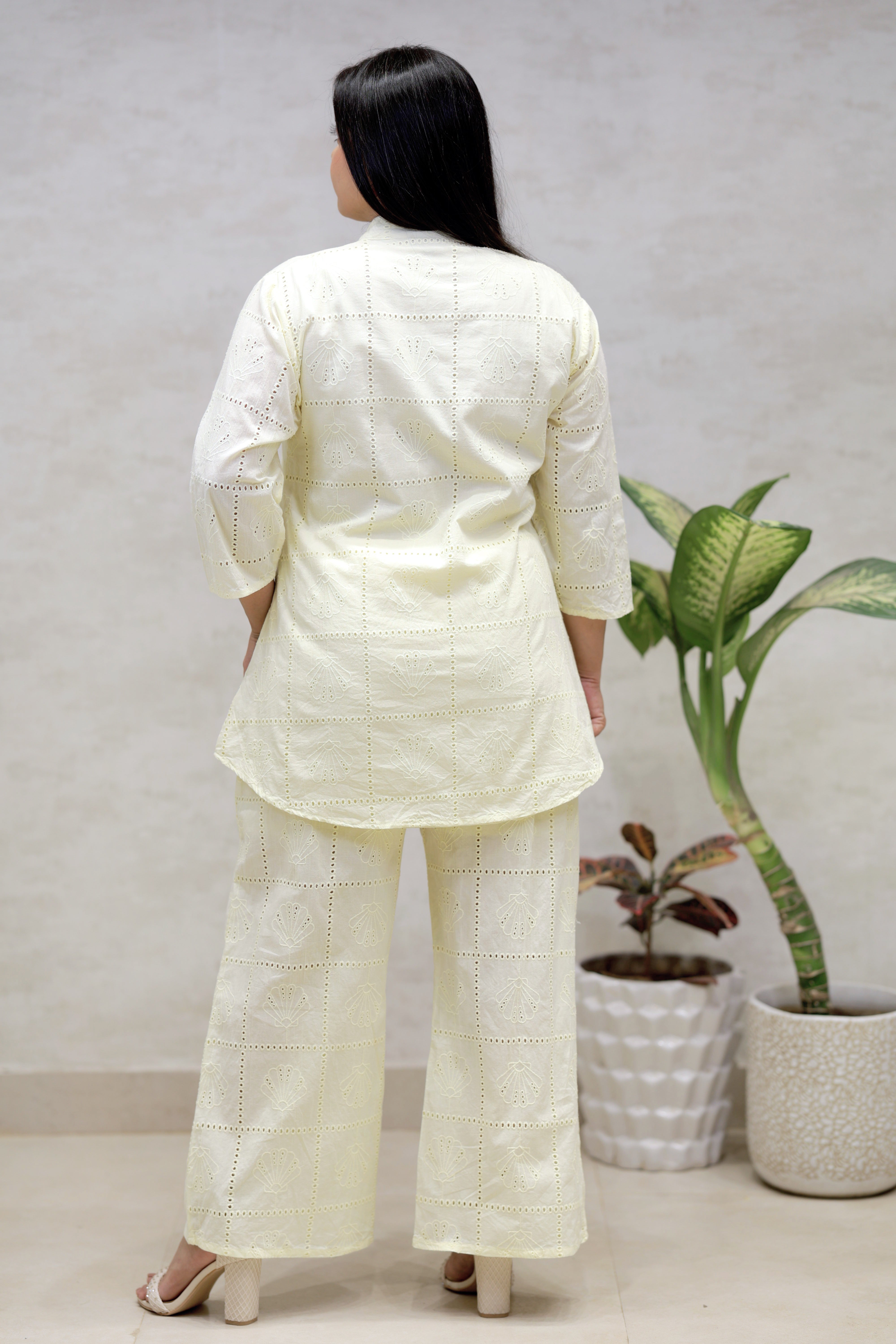Chinese Collar Schiffli Kurta with Plazzo Pants