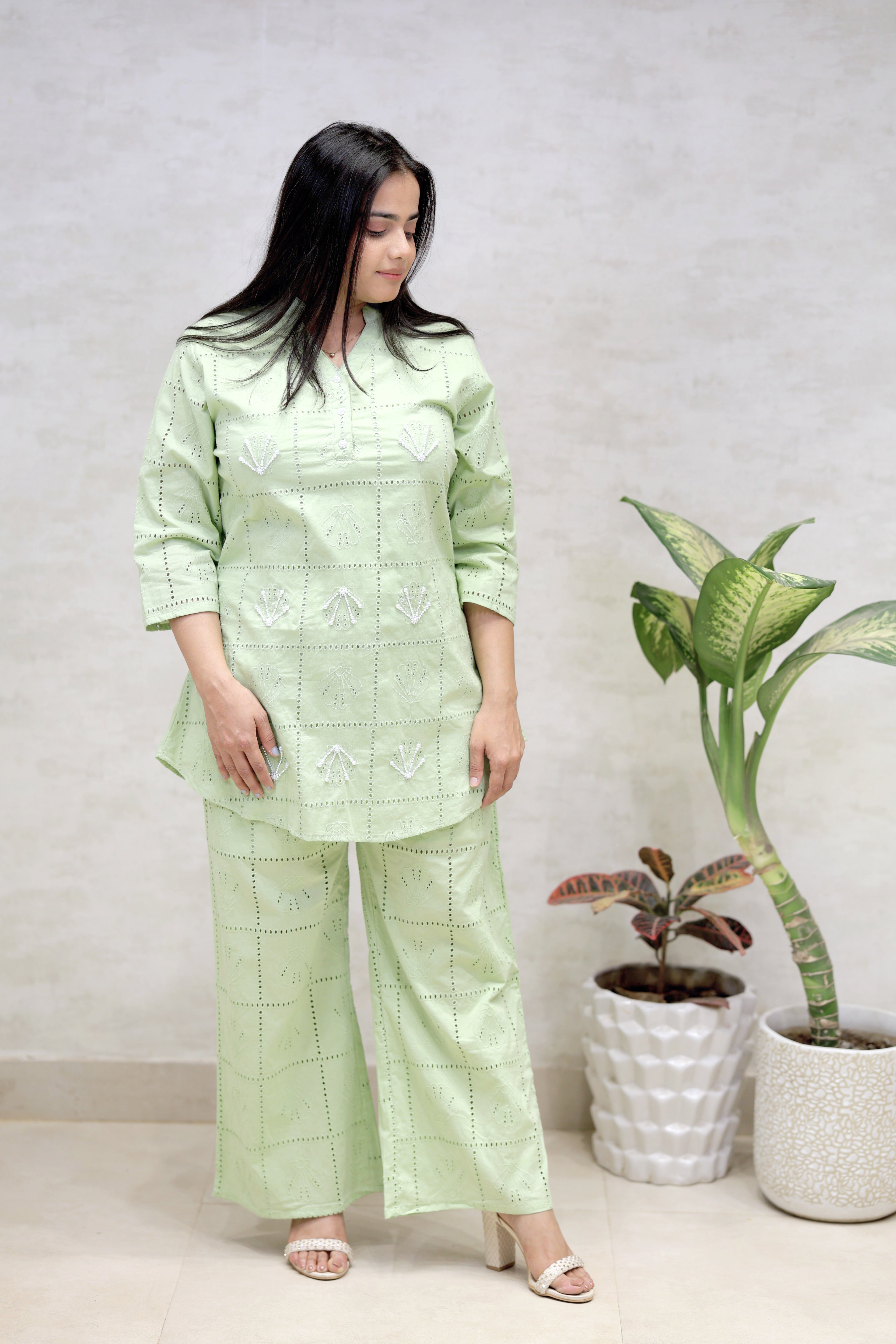 Chinese Collar Schiffli Kurta with Plazzo Pants