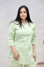 Chinese Collar Schiffli Kurta with Plazzo Pants